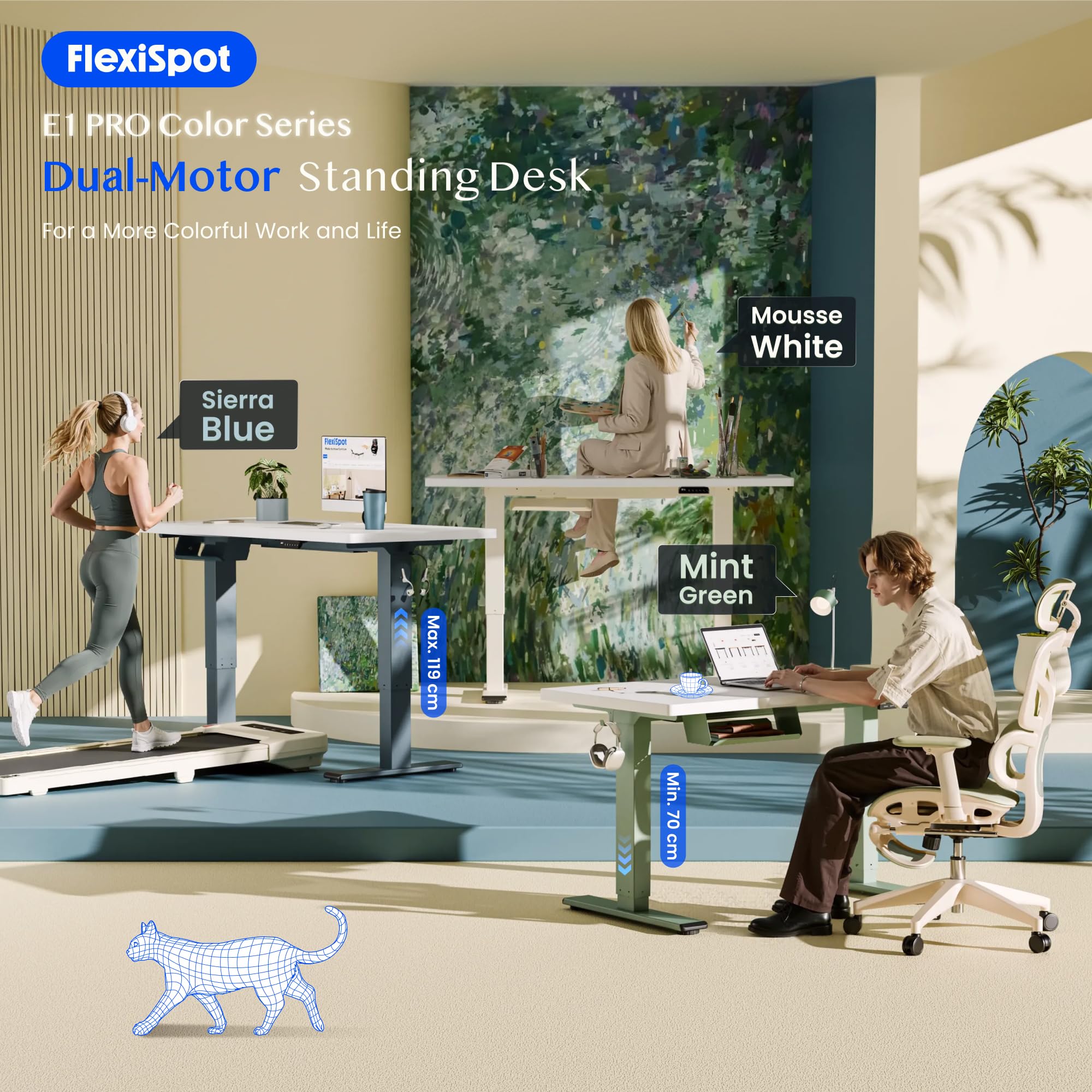 FLEXISPOT Escritorio Elevable con Dos Motores, Tablero Entero 140x80 cm, Capacidad 100 kg, Escritorio Altura Ajustable, Sistema Anticolisión, Panel de Memoria, Verde + Arce