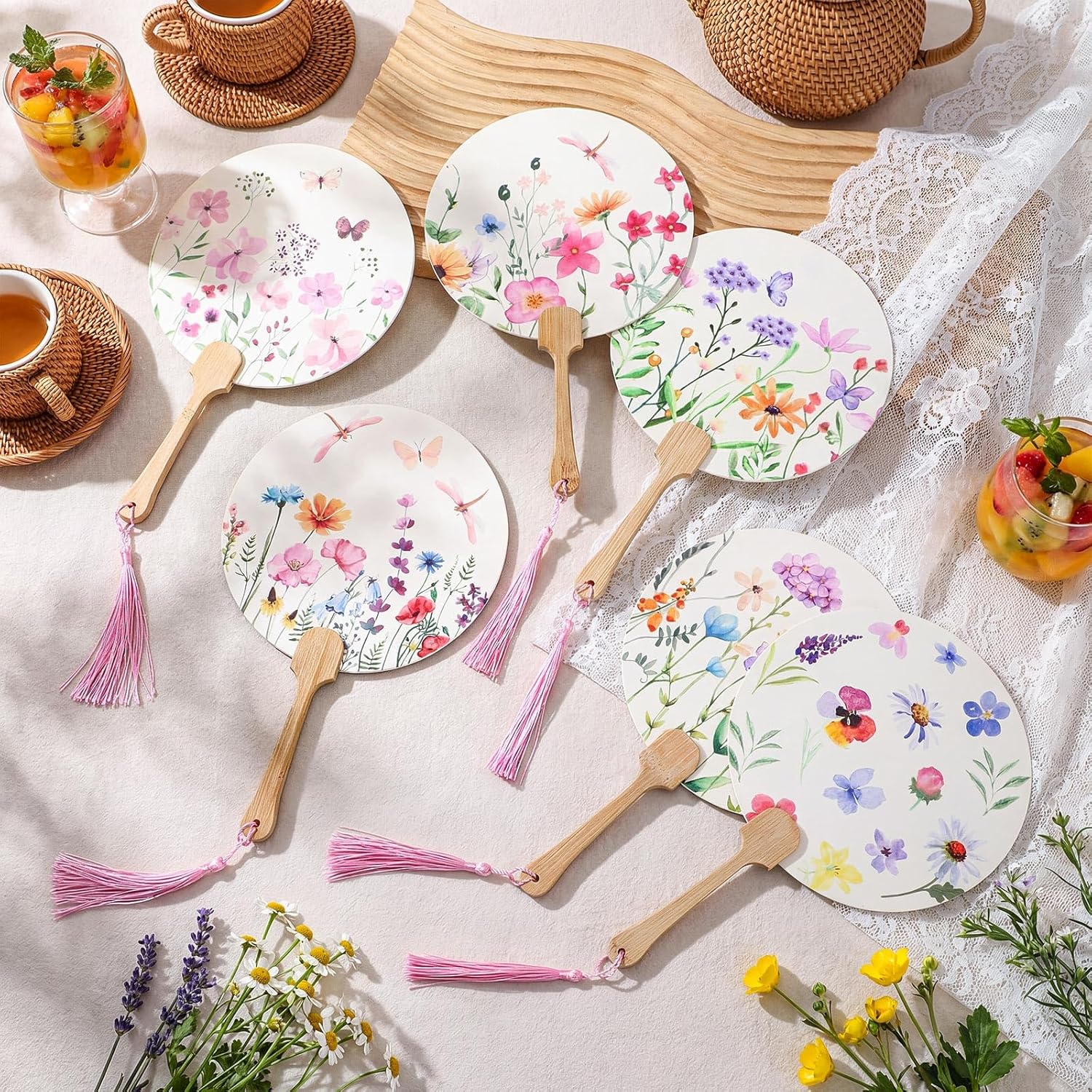 Thyle 24 Pcs Tea Party Favor Fans for Guests Floral Fan with Wood Handle Tassel Paper Round Fan for Women Bridal Shower Line Dancing Wedding Party