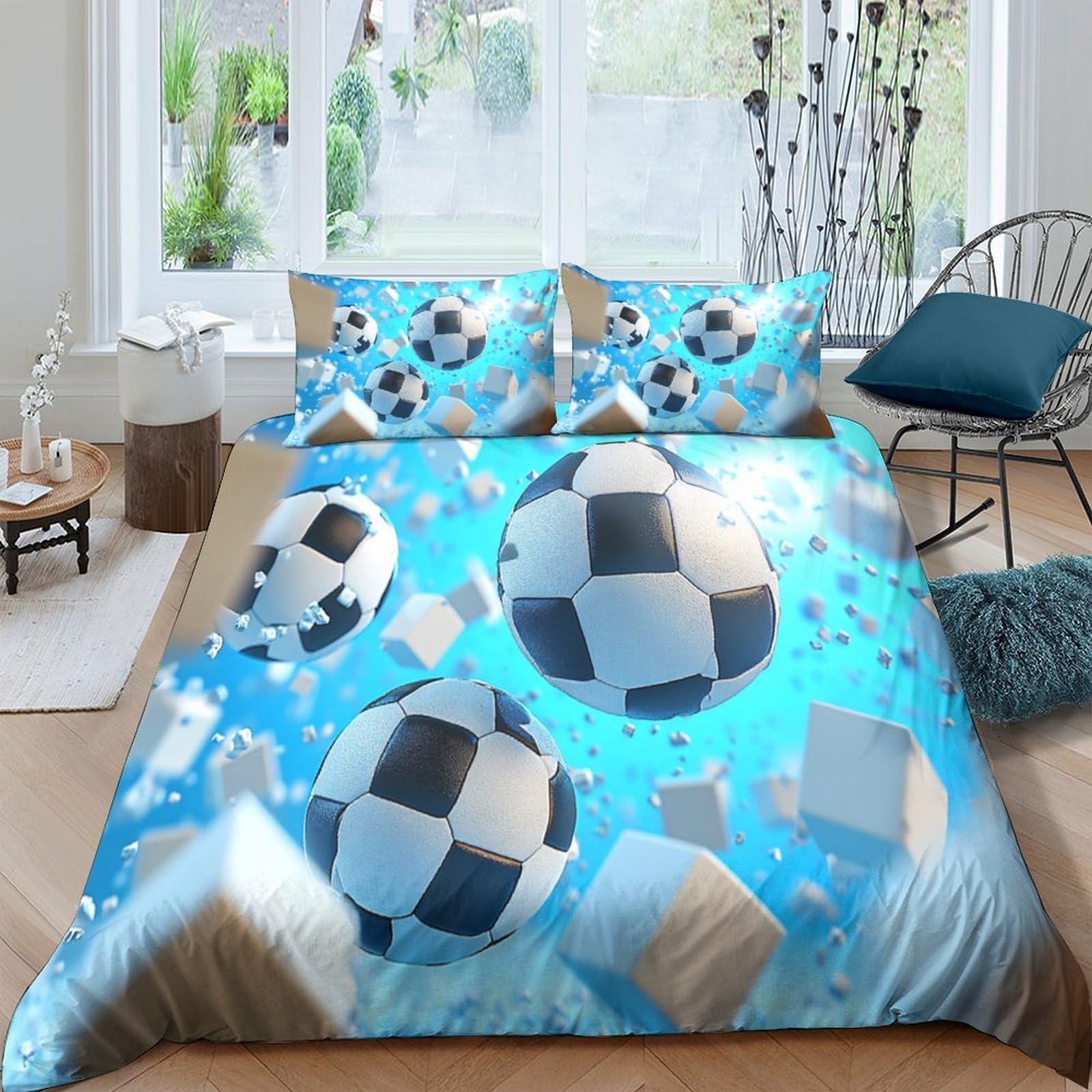 Ctjqhvkz Style-10 3D Printed Soccer Ball Fitted Sheet Microfiber Soft Blue Bedroom Decor Sports Cube Mattress Cover For Adults Teens Single（135X200cm）