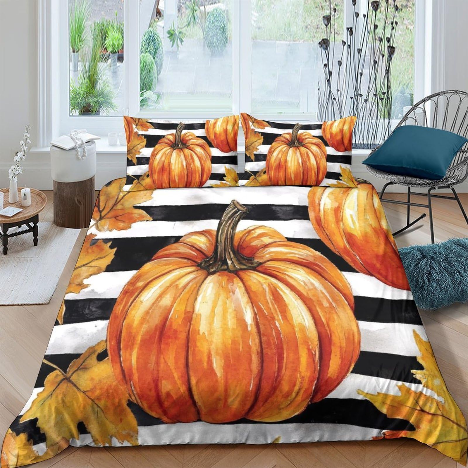 Ctjqhvkz Style-8 3D Printed Pumpkin Stripe Fitted Sheet Microfiber Orange Autumn Harvest Bed Cover For Bedroom Dorm Mattress Decor Single（135X200cm）