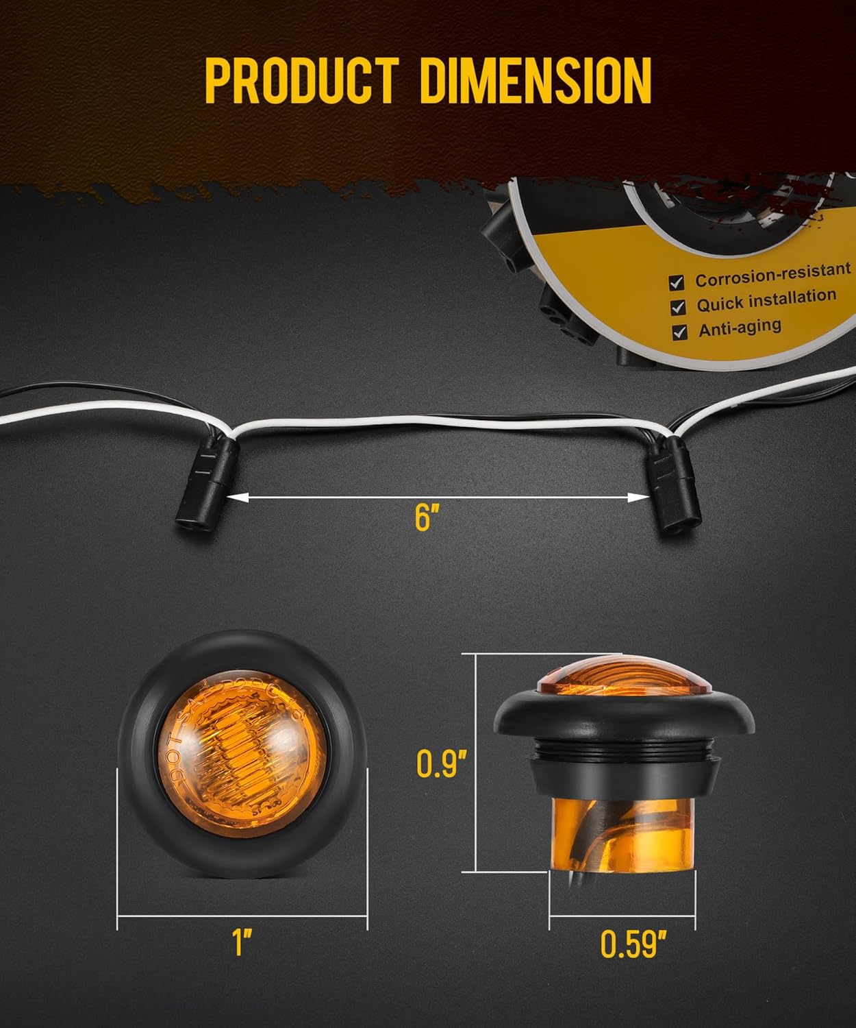 Partsam 20 Pcs 3/4" Amber Side Marker Lights with Connector Plug + 2 Pin Continuous Wire Harness Roll, Plug and Play Installation for Trailers, Trucks, Vans, RVs, ATVs, Buses