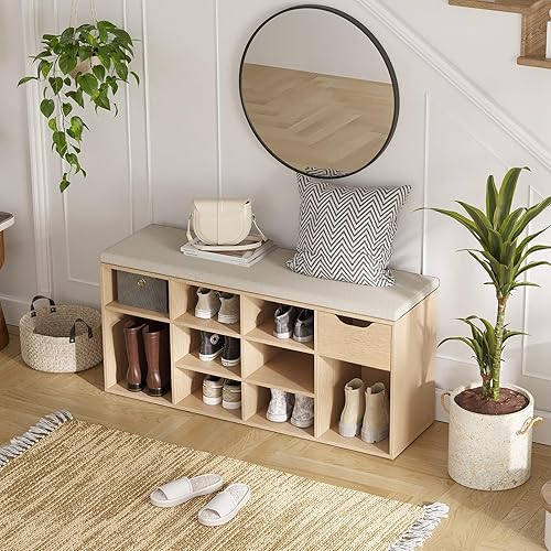 Miniatura 119 de DINZI LVJ Banco de zapatos, banco de almacenamiento de entrada con cajón y 8 cubículos, estantes ajustables, organizador de zapatos para sala de