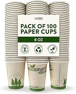 volila Paper Coffee Cups 100 Pack, 8 Oz Recyclable Cups, Disposable Coffee and Tea Paper Cups, Compostable Cups for Hot Chocolate and Cappuccino, Biodegradable Cups Perfect for Office and Café