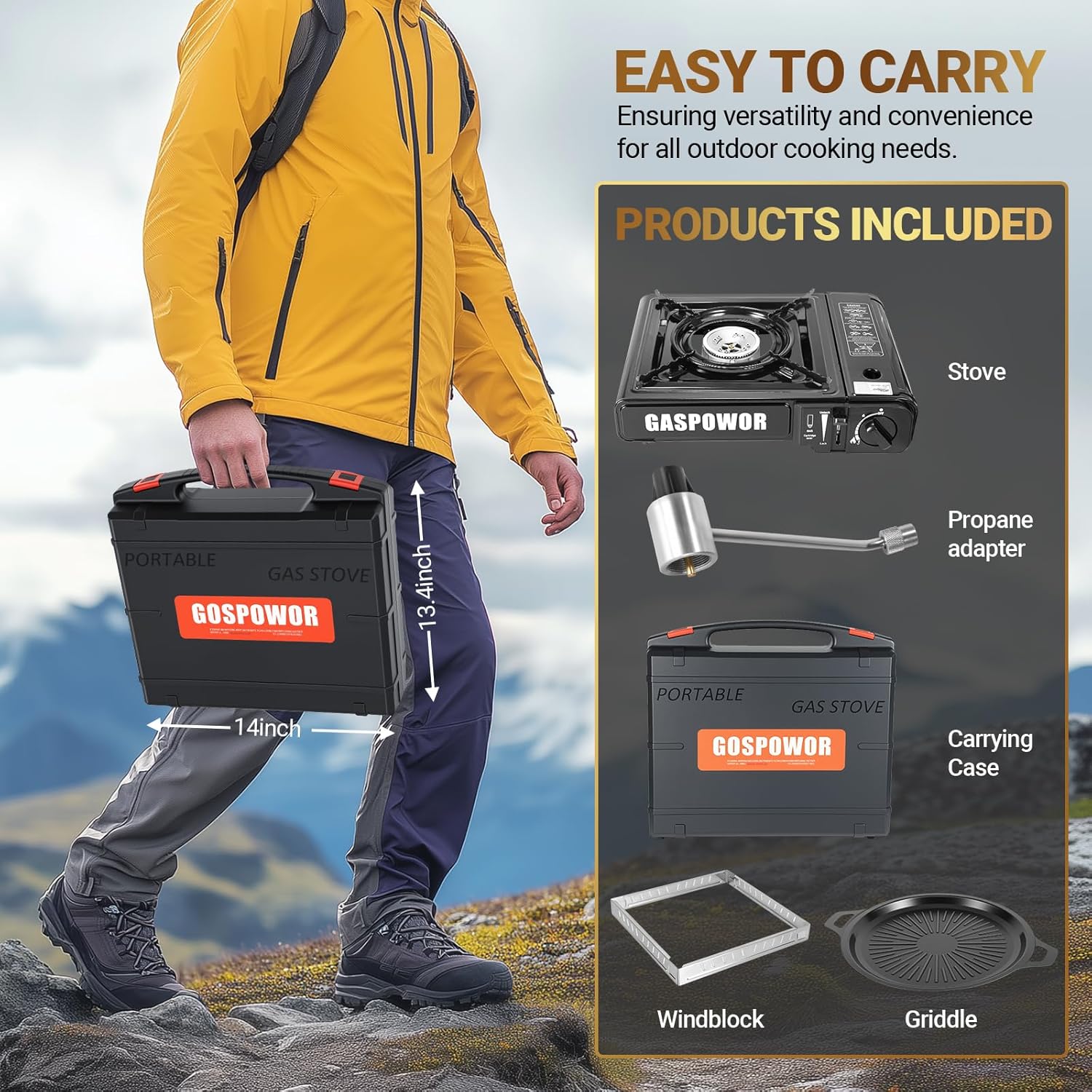 Propane or Butane Stove, Dual Fuel Propane Stove for Camping, 10,000 BTU Automatic Ignition Portable Gas Stove with Carrying Case & Windblocker & Griddle for Hiking(Fuel Not Included)