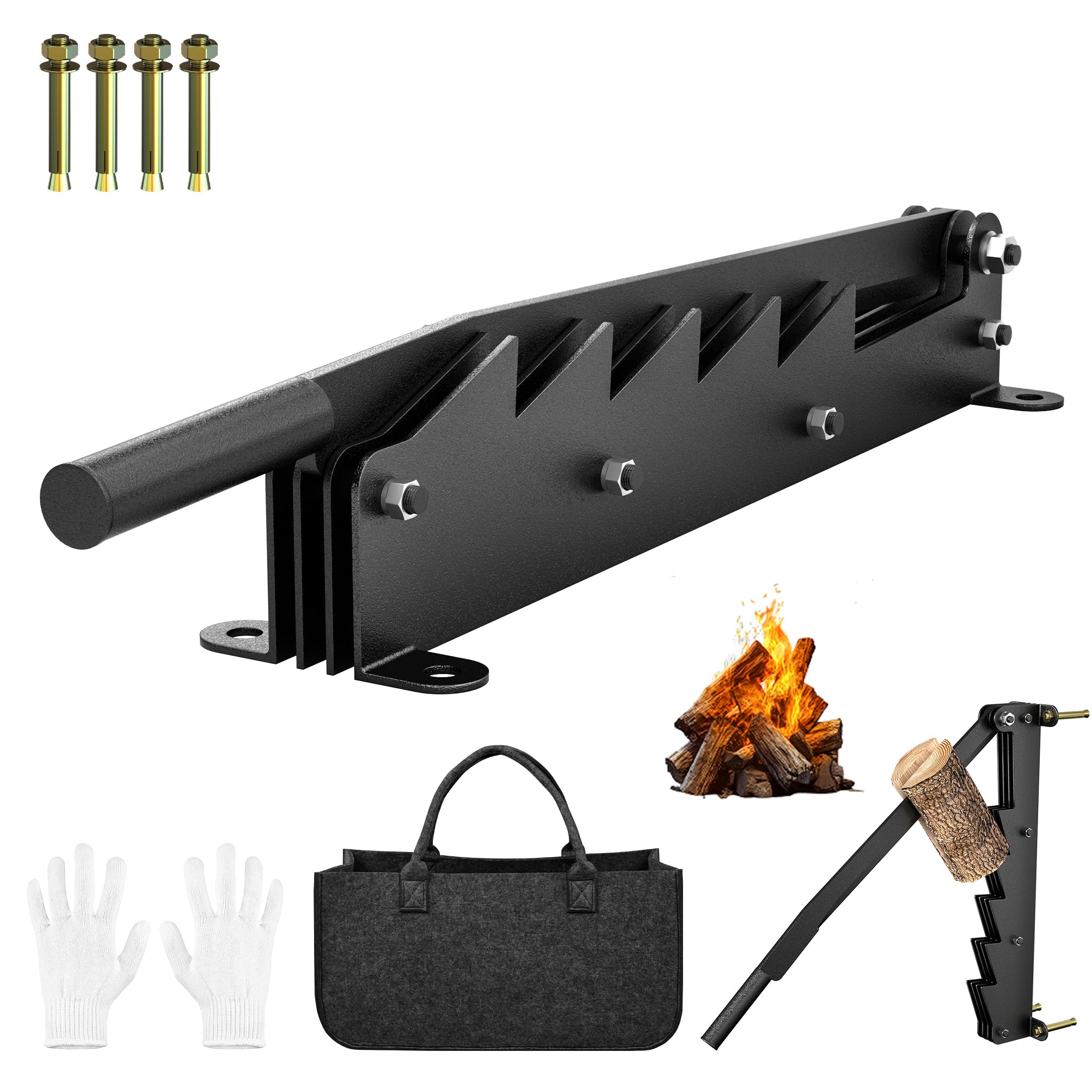 Froadp Divisor de madera manual de montaje en pared de acero al carbono, con guantes antideslizantes y bolsa para leña, herramienta para camping