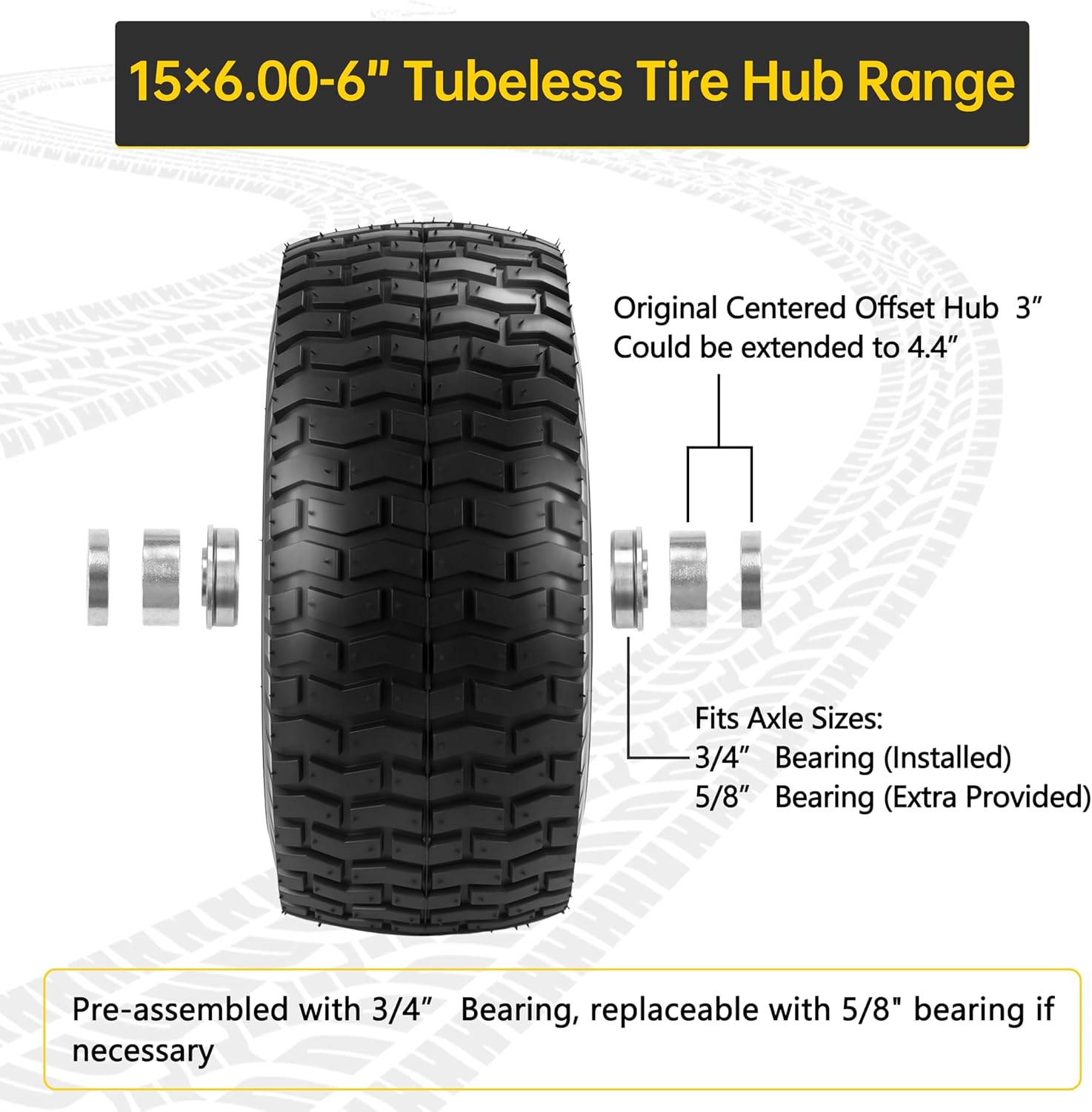 2 Pcs 15x6.00-6 Lawn Mower Tire and Wheel, Replacement for John Deere(Most 100 and 300 Series)/Cub Cadet Riding Mower front tires, with 3/4" & 5/8" Bearing, 3-4.4" Offset Hub, 4 Ply tubeless, 570 lbs