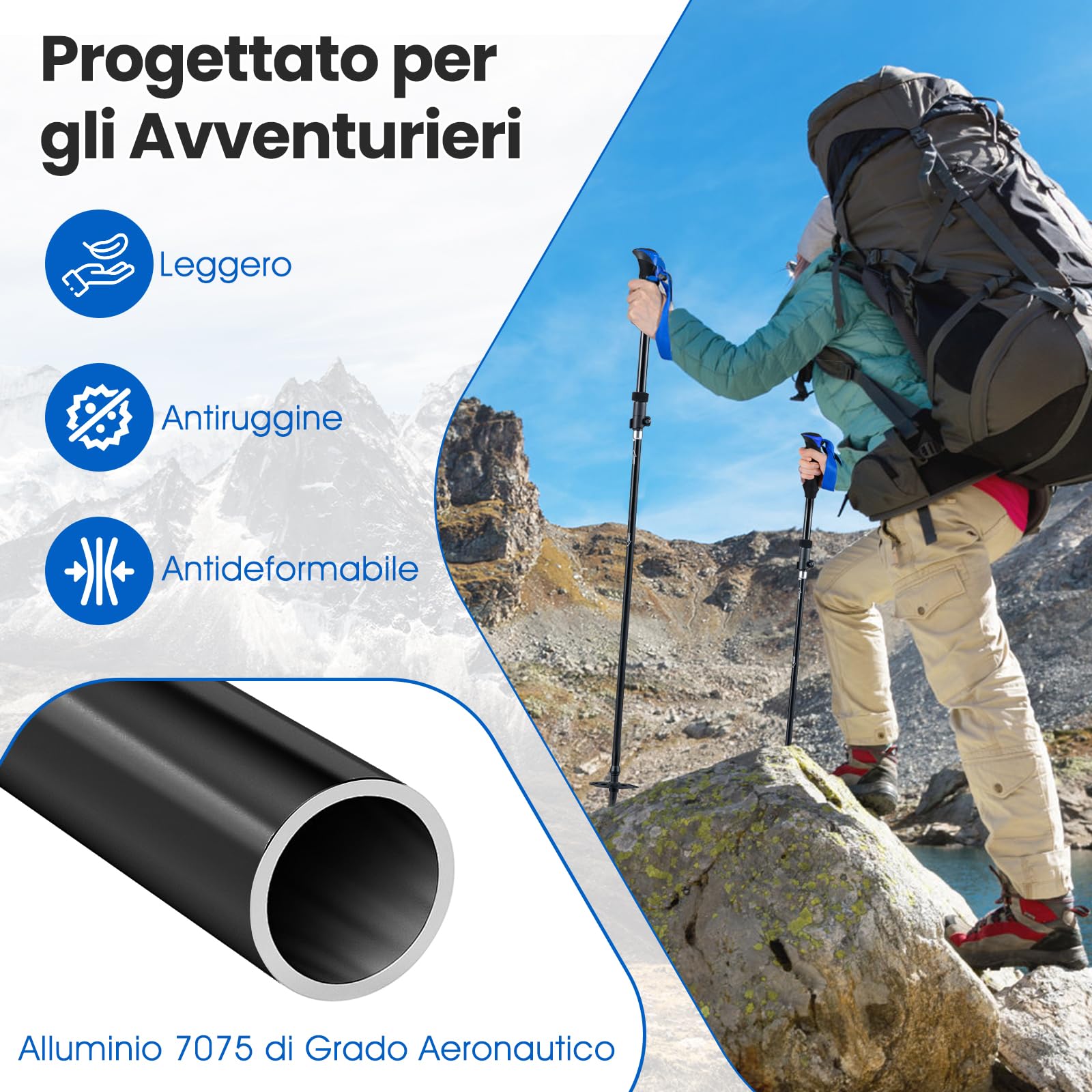 COSTWAY Bastoncini da Trekking Pieghevoli, Bastoni da Passeggio Tri-fold Leggeri per Uomo e Donna con Blocco a Scatto, Impugnatura in Schiuma EVA, Cinturino Regolabile