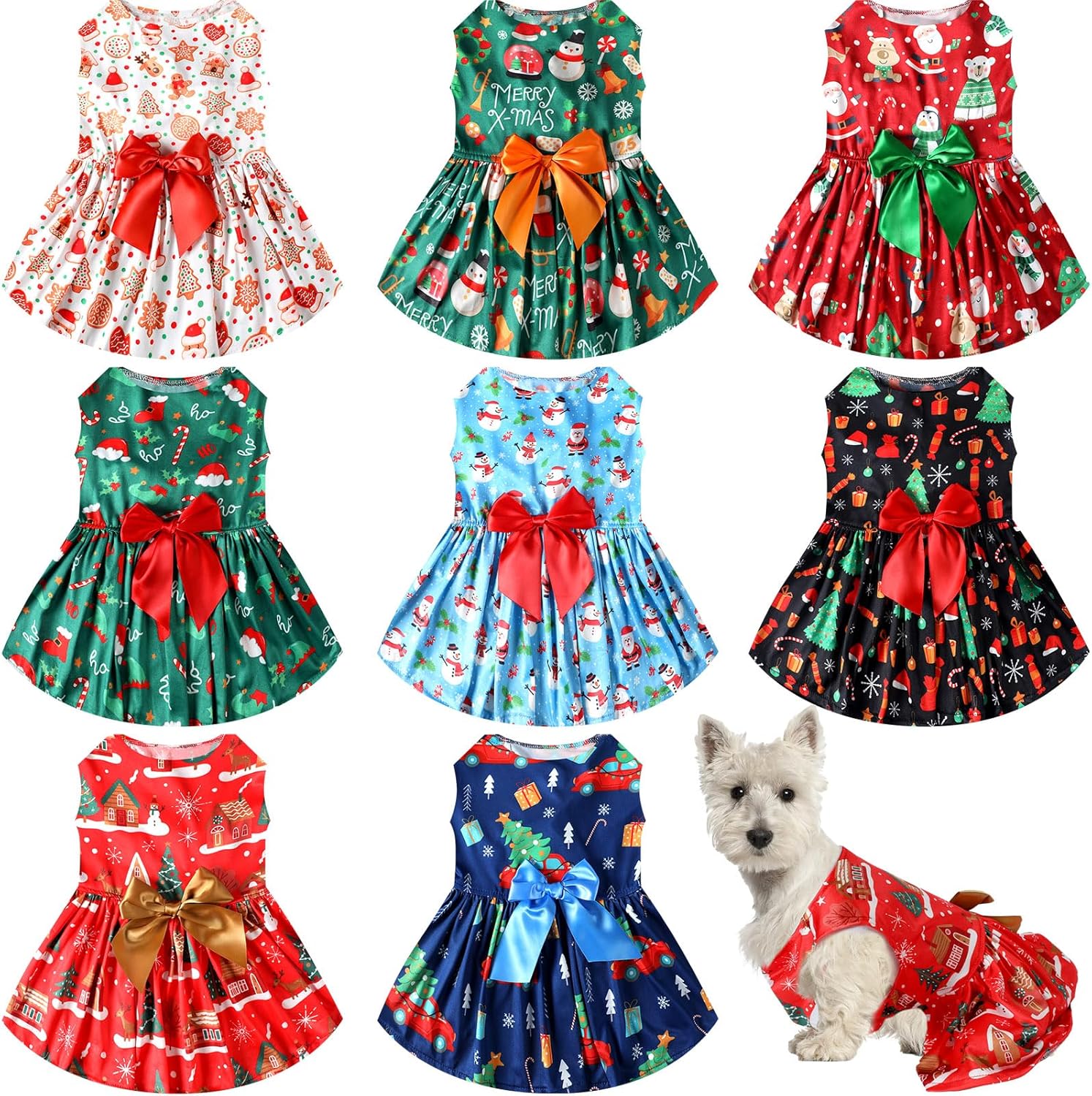 Talltalk 8 Pcs Christmas Dog Dress Outfit with Bowknot Holiday Dog Clothes Snowman