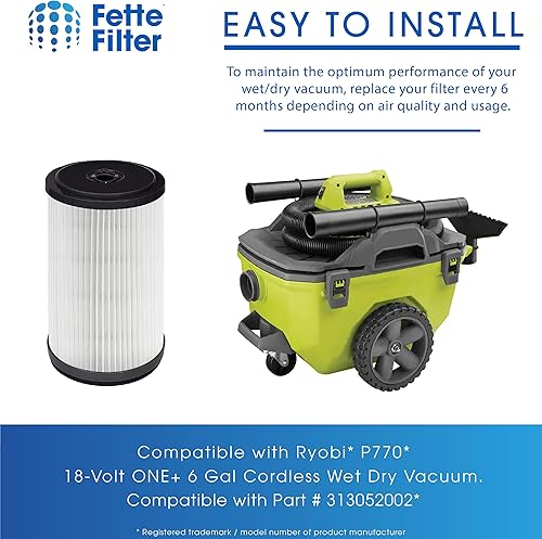 Miniatura 6 de Fette Filter - Filtro de repuesto en seco húmedo compatible con Ryobi P770 18 voltios ONE+ 6 galones pieza inalámbrica # 313052002 y A32RF01N