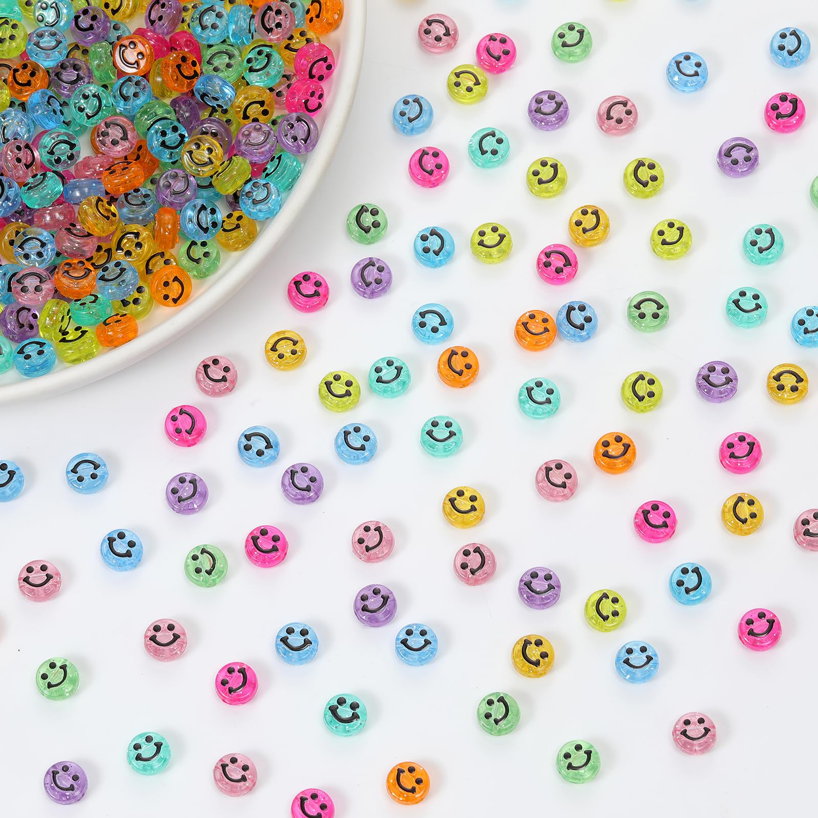 100 Perline Acriliche A Forma Di Faccina Sorridente Rosa Chiaro 10mm – Con Corda Elastica Per Braccialetti E Bigiotteria Fai Da Te - 3