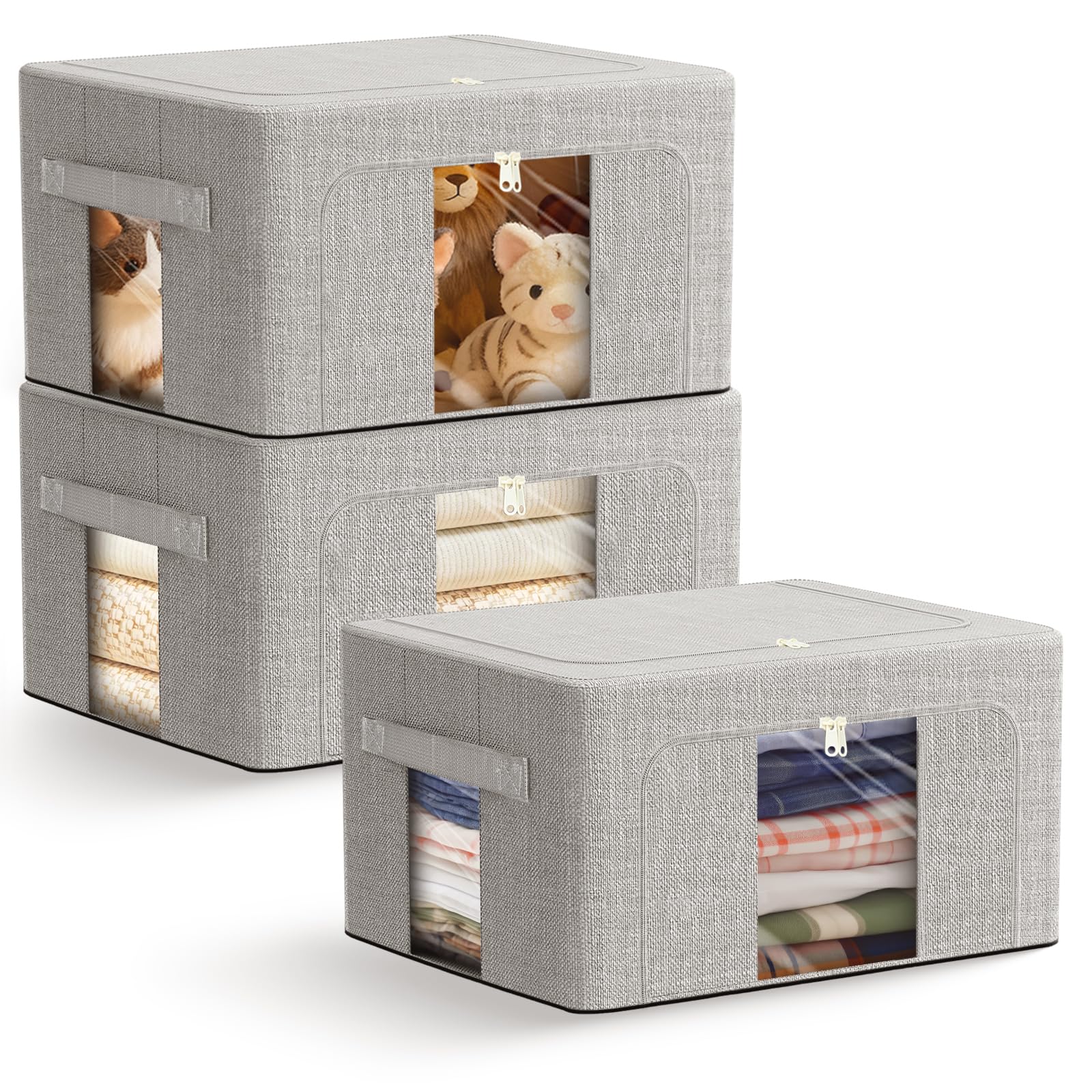 AIOR 3PCS 100L Clothes Storage Bags with Metal Frame, Foldable Fabric Storage Boxes with Clear Windows for Blankets Bedding Comforters, Ideal for Underbed and Wardrobe Organisation