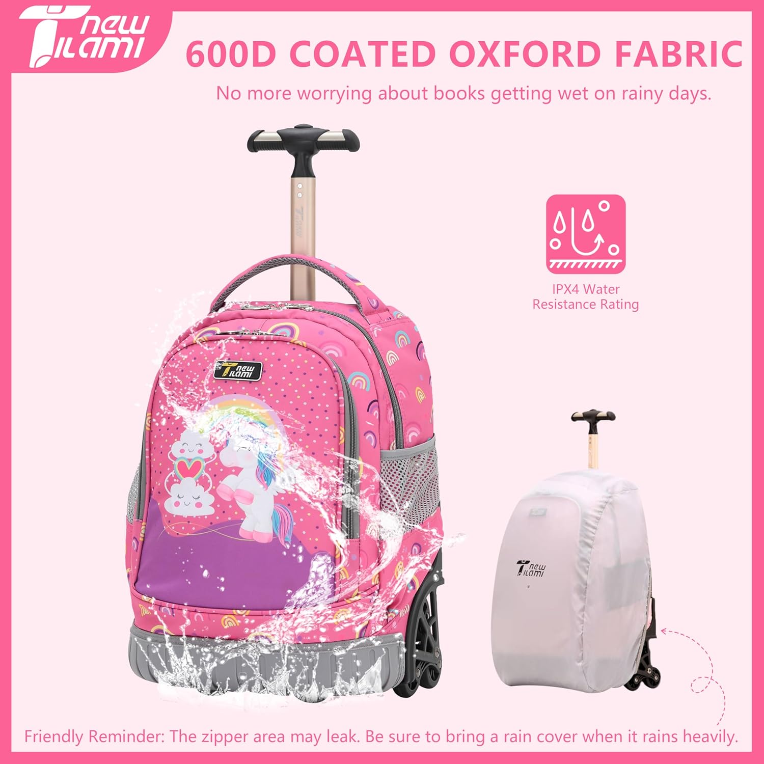 NEW TILAMI 16 Inch Rolling Backpack with Lunch Bag for Kids Adjustable Handle Carry-on Suitcase Wheels for Girls Boys School Travel Camping, Pink Rainbow Unicorn