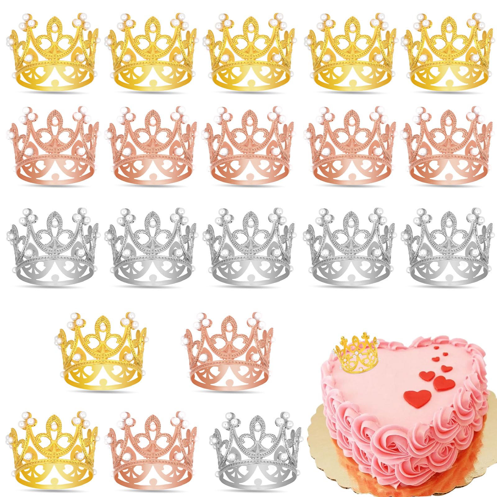 BAHABY 20 Pcs Mini Crown Cake Topper Crowns for Flower Bouquets Cupcake Toppers Cake Decorations for Birthday Wedding Baby Shower Bachelorette Party