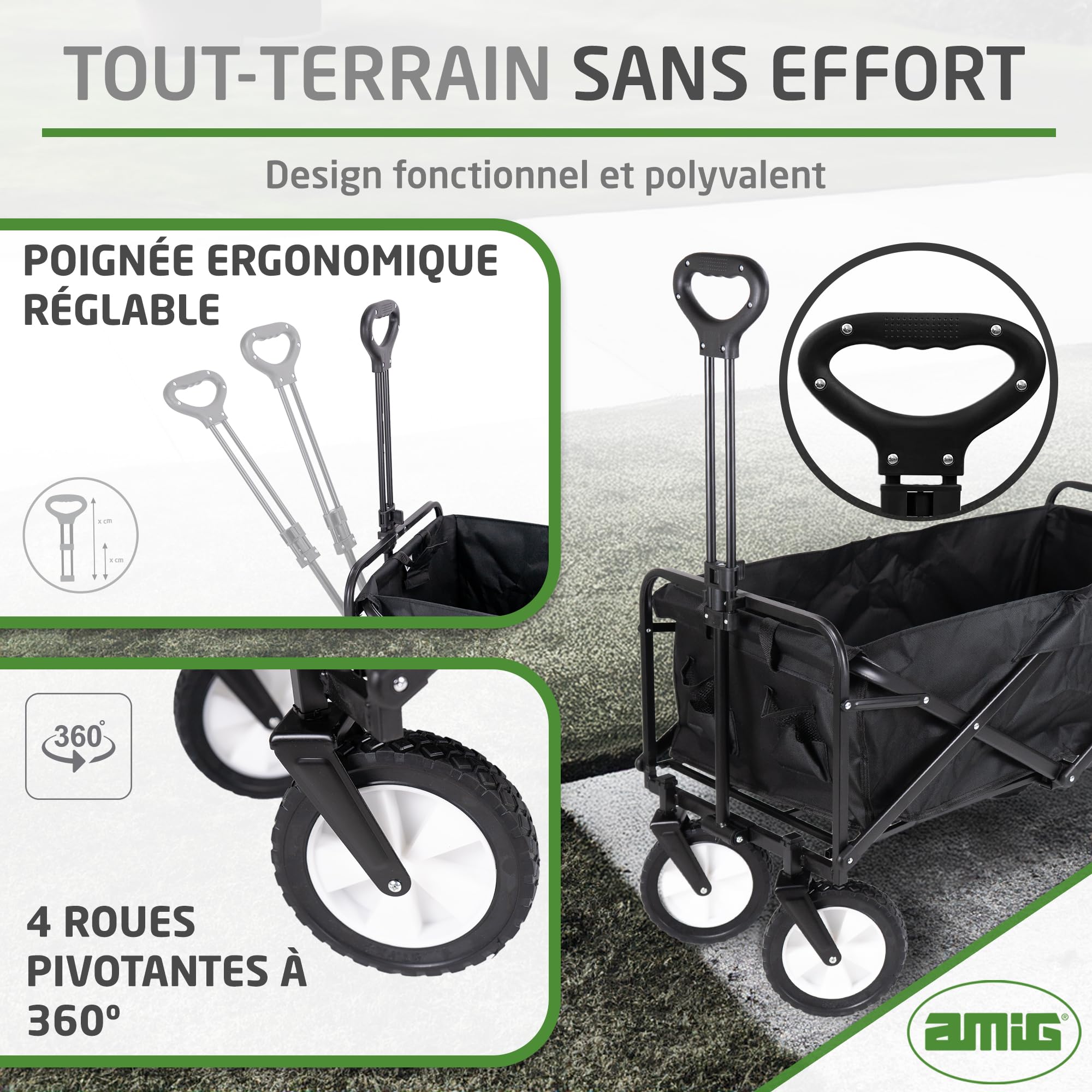 Amig - Chariot de Jardin Pliable Chariot de Plage avec Toile Oxford Imperméable Couleur Noire Roues de 20 cm de diamètre 360º Charge Max. 100 kg, Noir