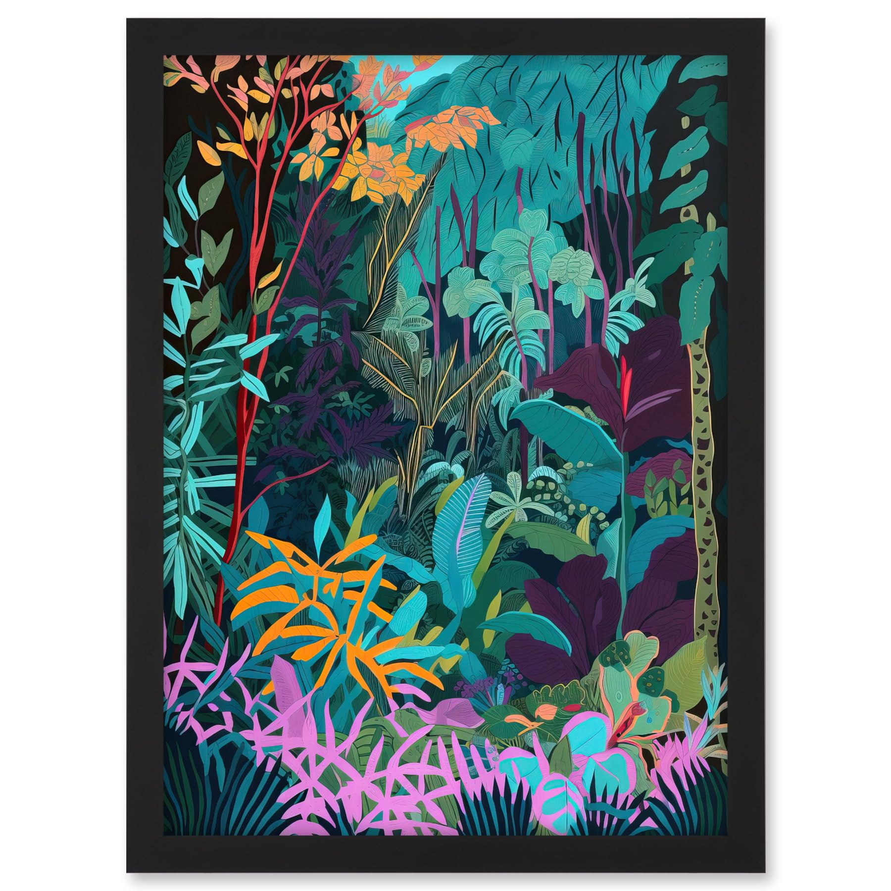 Artery8 Tropical Jungle Forest Vibrant Colour Illustration Artwork Framed A3 Wall Art Print