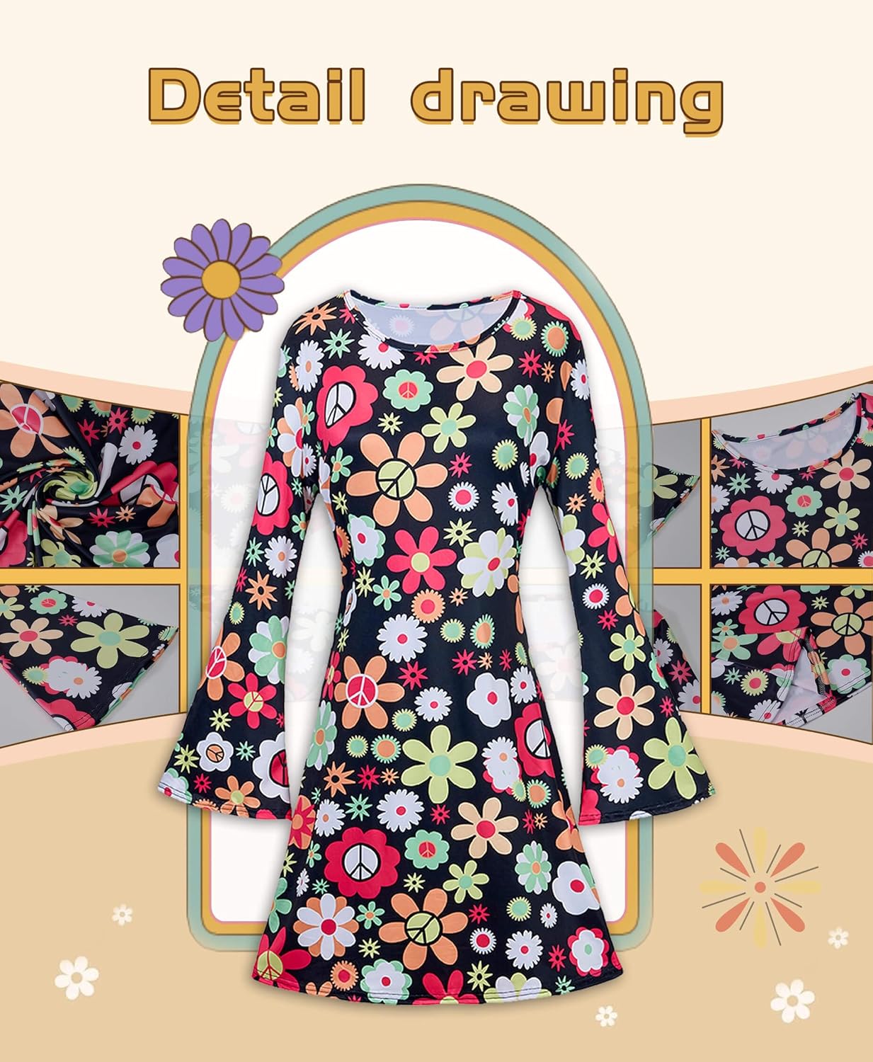 Hippie Costume for Women 60s 70s Disco Dress Outfits Peace Sign Necklace Earrings Sunglass Accessories Set - Image 4