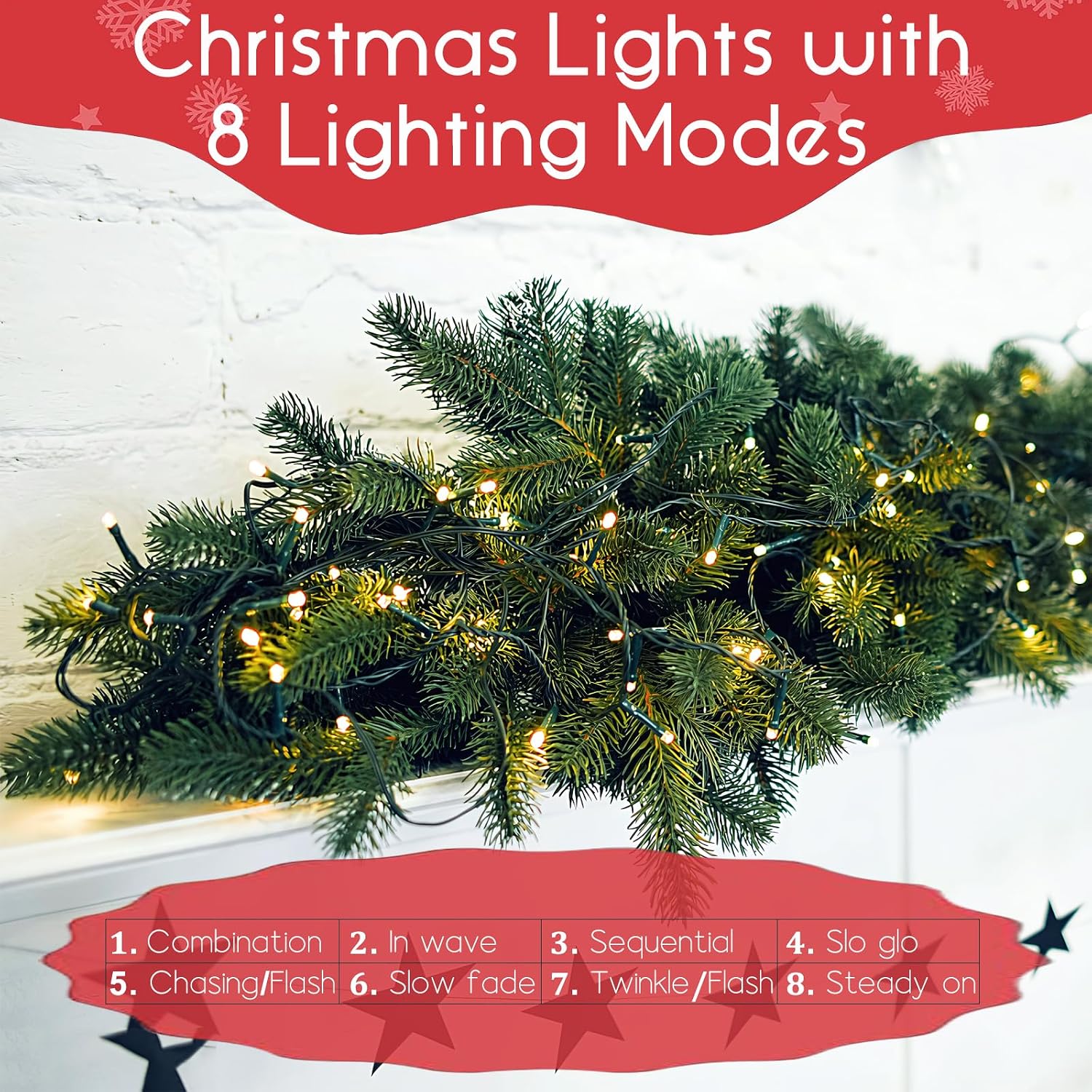 Battery Operated Christmas Lights - 50 LED Christmas Tree Lights | Battery Operated String Lights with Auto Timer, 8 Modes, Warm White Wreath Lights for Indoor Outdoor Party Xmas Decorations