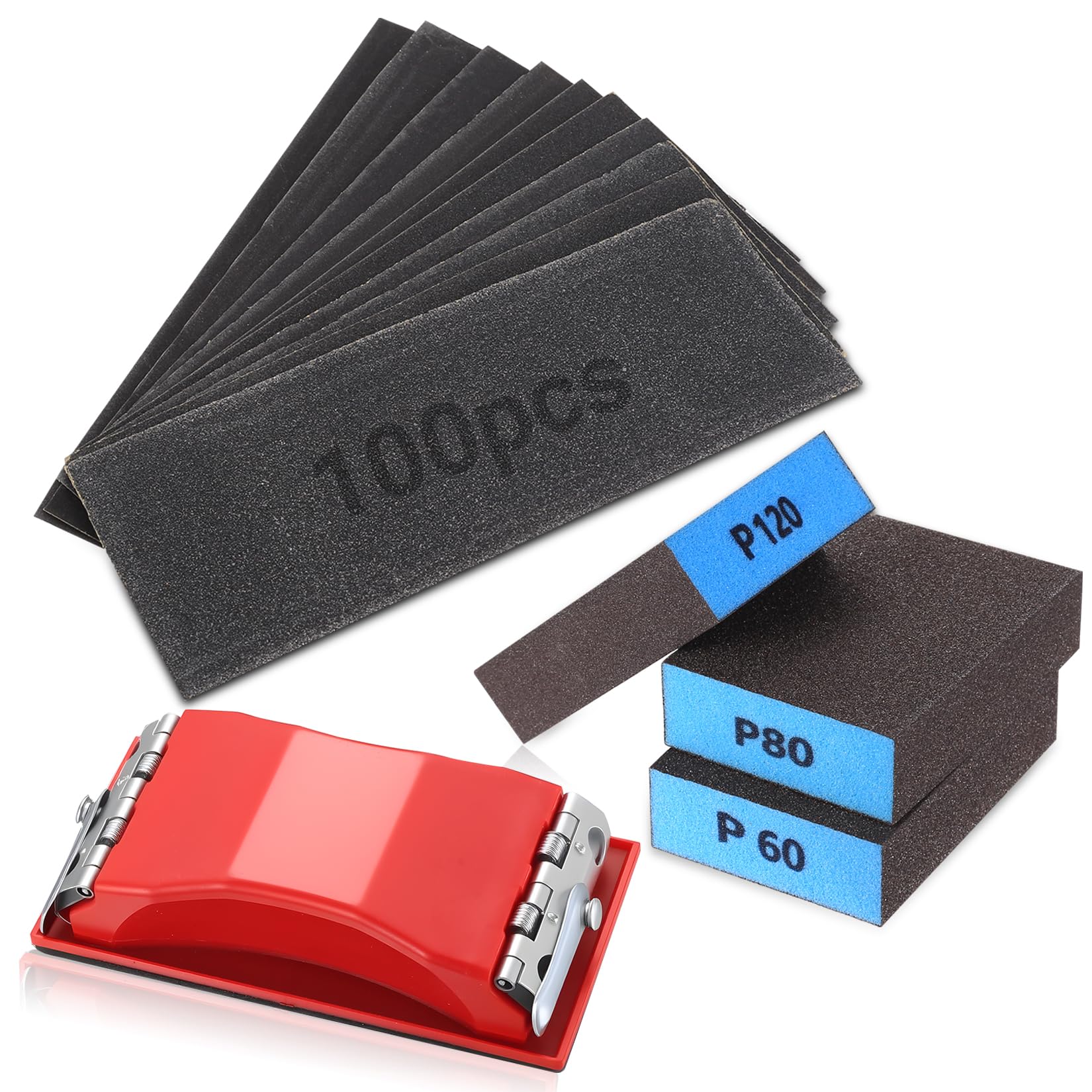 Juego de papel de lija de, 104 piezas: incluye 100 hojas de papel de lija, 3 esponjas de lija y 1 lijadora manual; grano 60-800; ideal para madera, metal y pintura.