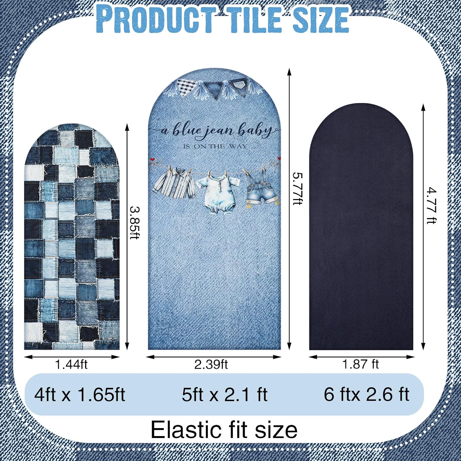 Chunful 3 Pcs Blue Jean Baby Shower Arch Backdrop Cover Baby Shower Photo Background Decor 2-Sided Round Top Cute Backdrop Arch Cover for Wedding Birthday Party Decoration 6 Ft/5 Ft/4 ft (Blue) image 2