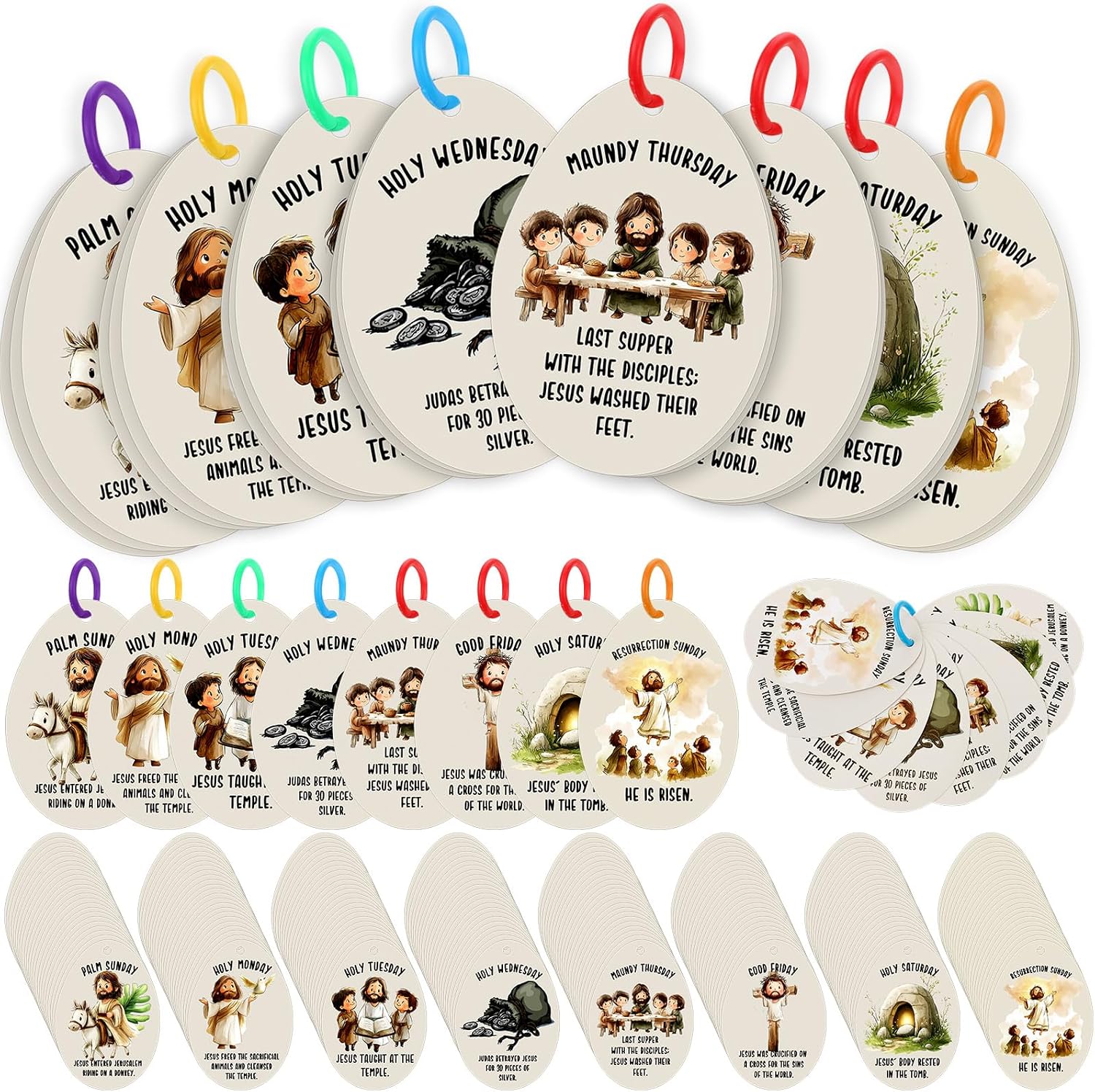 Tinlade 30 Sets/240 Pcs Easter Story Crafts Resurrection Easter Story Eggs Cards Bulk with 30 Pcs Plastic Rings Holy Week Crafts for Kids Adults Sunday School Church Basket Stuffers Decor