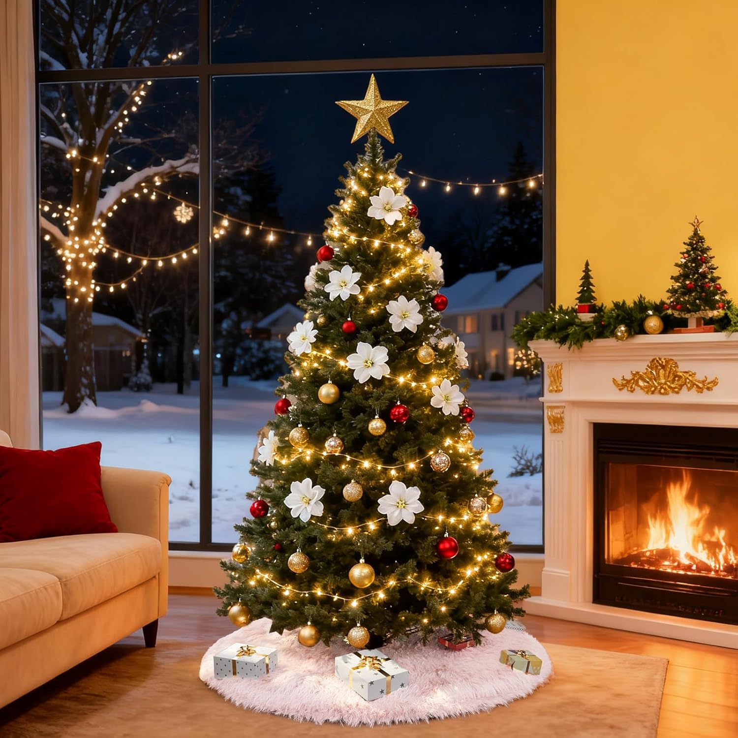 36 Inch Faux Fur Christmas Tree Skirt Pink Plush Tree Mat Base Cover for Merry Christmas Party Holiday Home Indoor Xmas Tree Decorations