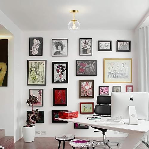 Miniatura 8 de Lámpara de techo semiempotrada de globo moderno de mediados de siglo, cristal transparente con acabado de latón dorado, luces colgantes de cristal