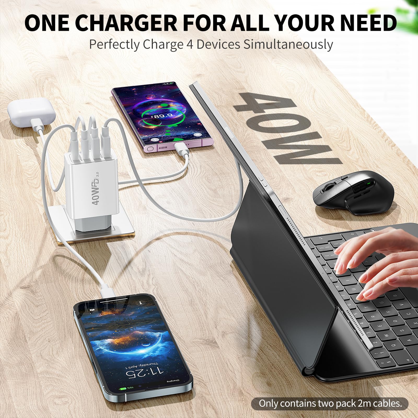 Chargeur USB C, 40W 4 Port Prise USBC Chargeur Rapide Multi Secteur Double Port PD+QC Type C