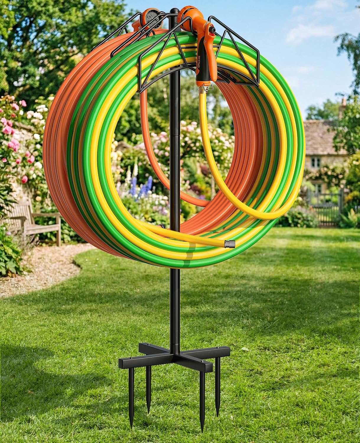 Garden Hose Holder, Double-Sided Water Hose Holder Stand Holds 2×160ft, Heavy Duty Freestanding Hose Storage Rack Hanging with Spikes, Metal Hanger for Outside Garden Yard Lawn Farm Gardening Tools