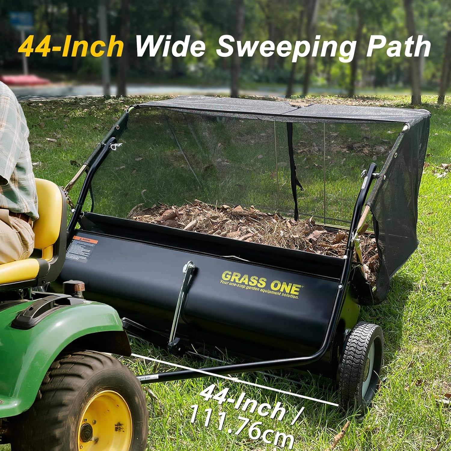 Grass One 44 Inch Tow-Behind Lawn Sweeper with 25 Cu.Ft Hopper Bag, Adjustable Brush Height & Easy Dump-from-Seat – Picks Up Leaves, Grass & Yard Debris, Garden Gift