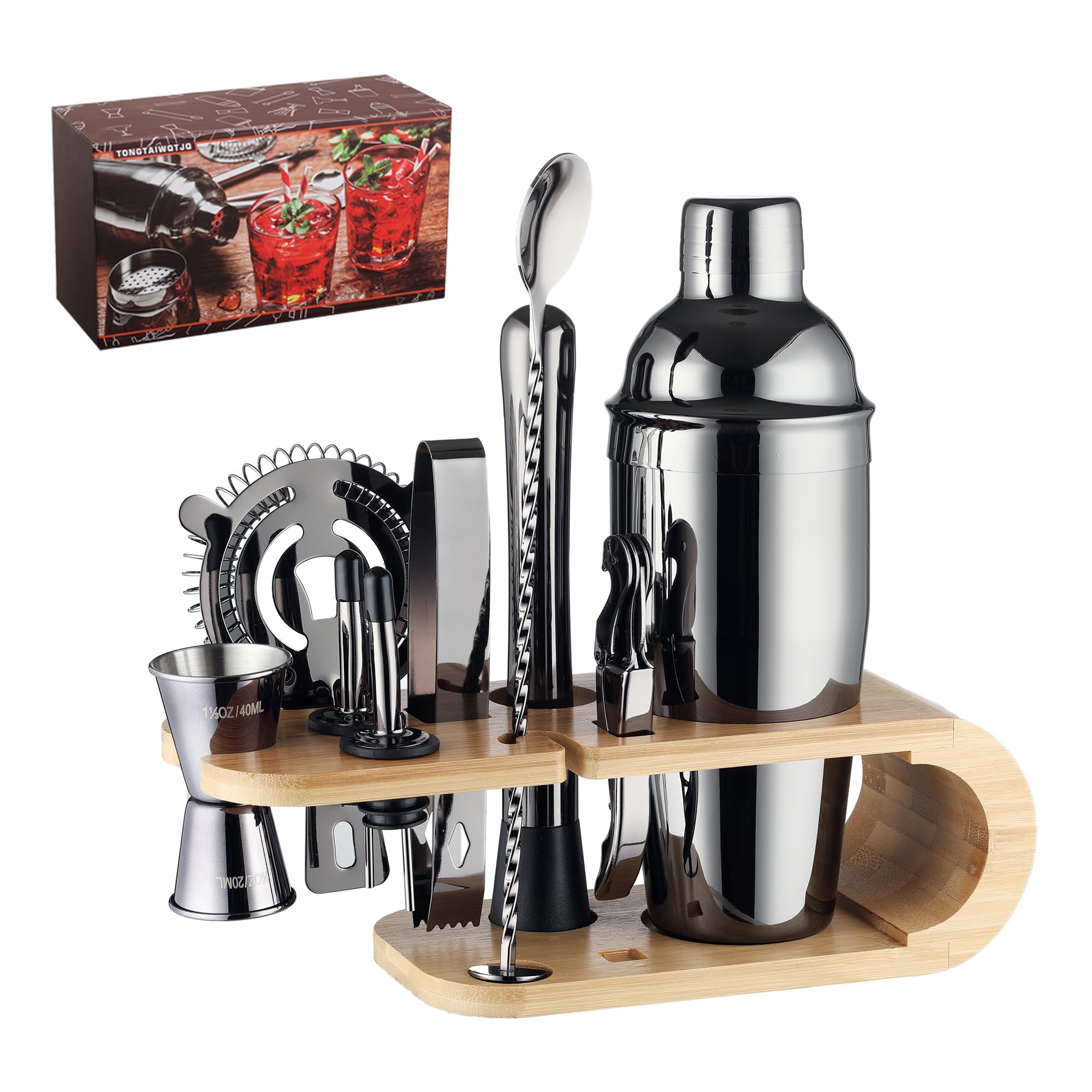 TONGTAIWQTJQ Bartender Kit Cocktail Shaker-Black with Stylish Bamboo Stand,13-Piece Bar Tool Set with Recipes Booklet, Bartending Cocktail Mixer Set, Drink Mixer Bar Tools