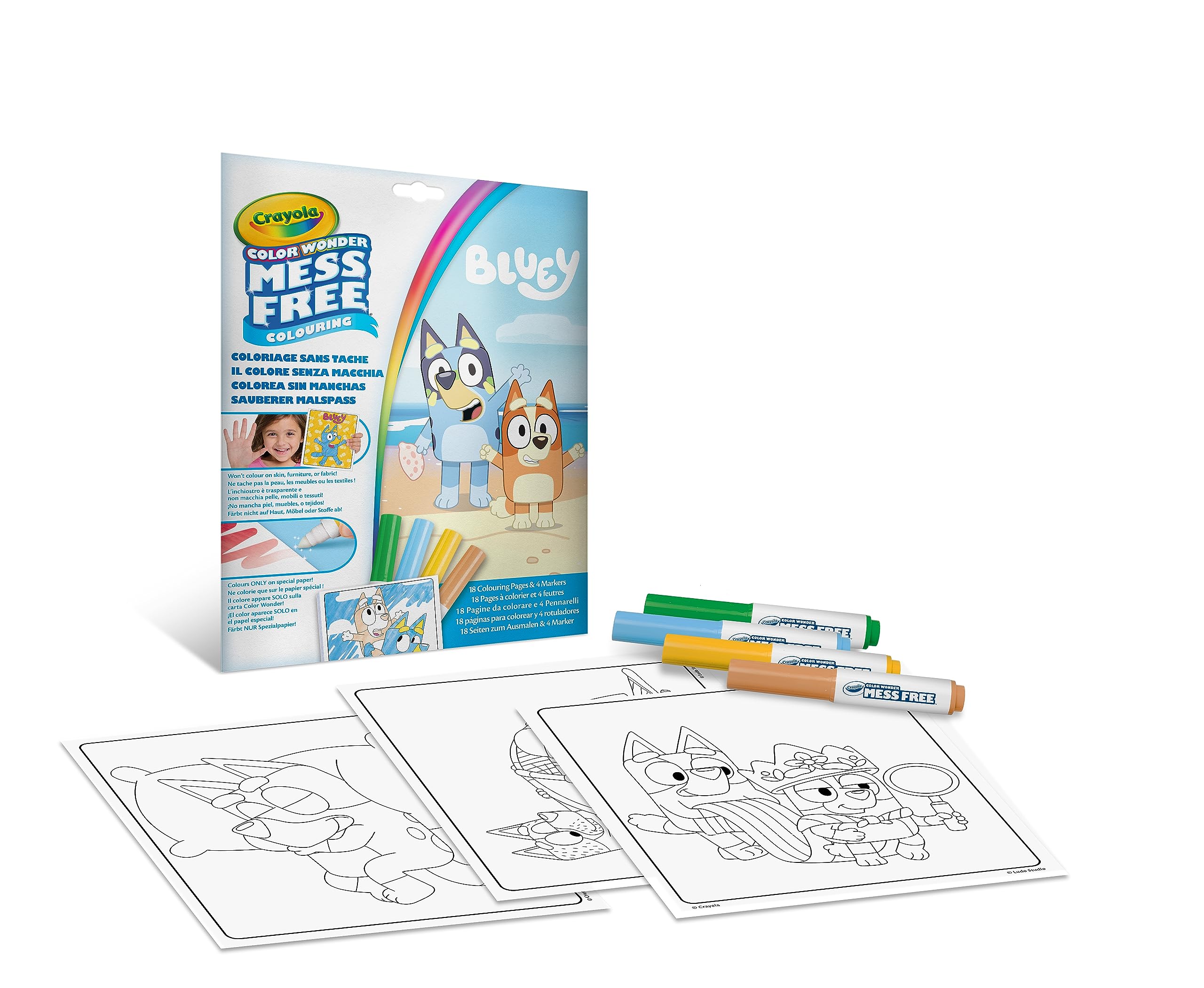 CRAYOLA - Color Wonder, Kit para colorear con 18 páginas para colorear y 4 rotuladores sin manchas Bluey, actividad creativa para niños, edad 3, 4 y 5 años