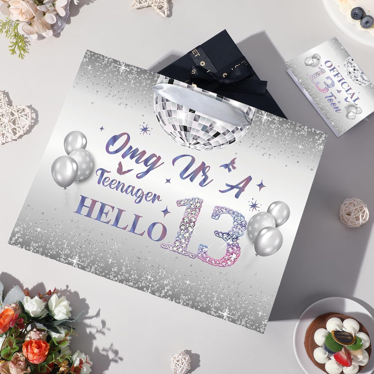 Iridescent 13th Birthday Party Decorations Silver 13th Birthday Gift Bag with Wrapping Paper and Card Large Official Iridescent 13 Teen Wrapping Paper Goodie Gift Bag Young Omg Ur A Teenager 13 Party Supplies - Image 7
