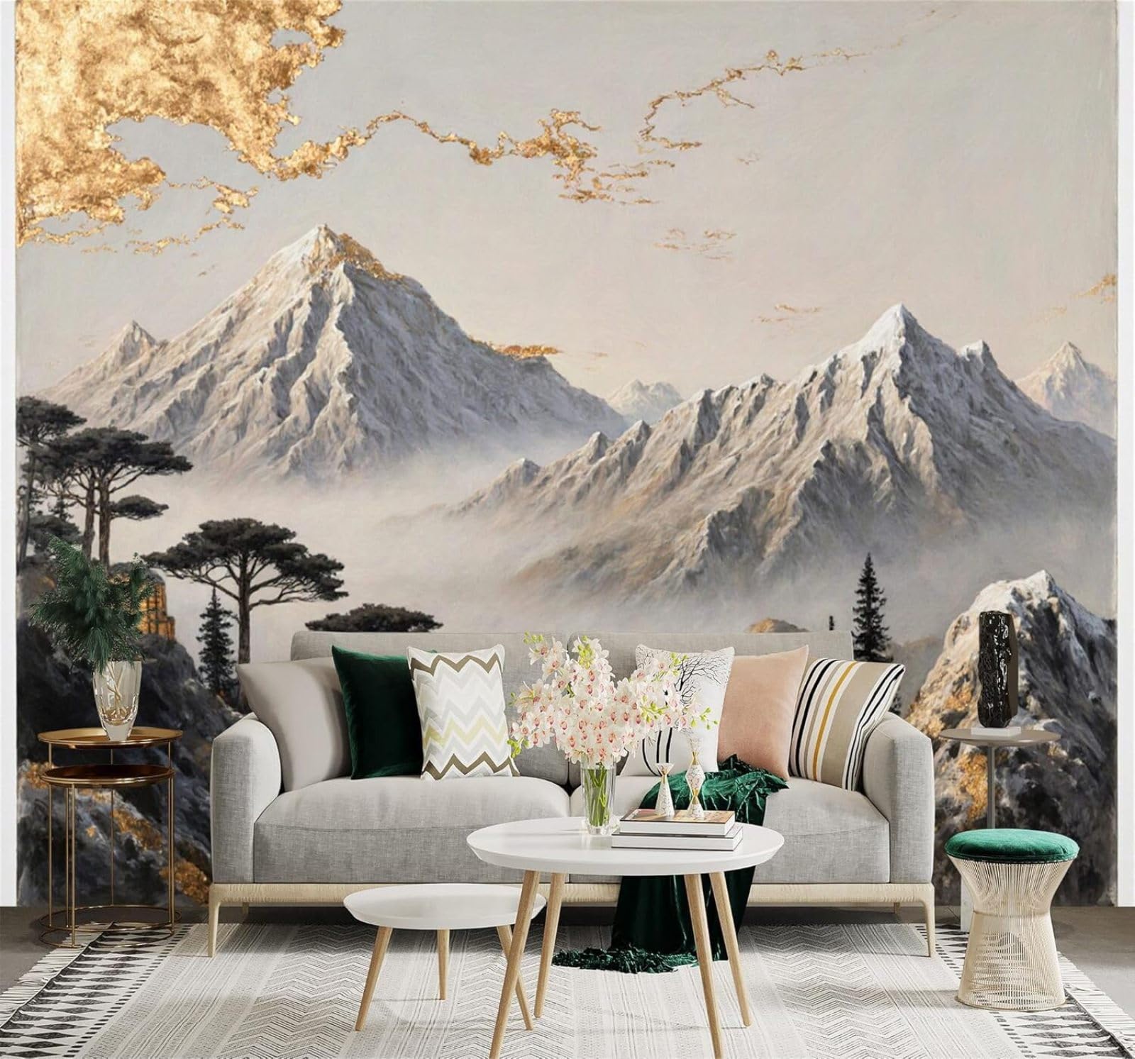 3D Papel Pintado Paisaje Montañoso Envuelto Niebla Pinos Abstracto Dorado