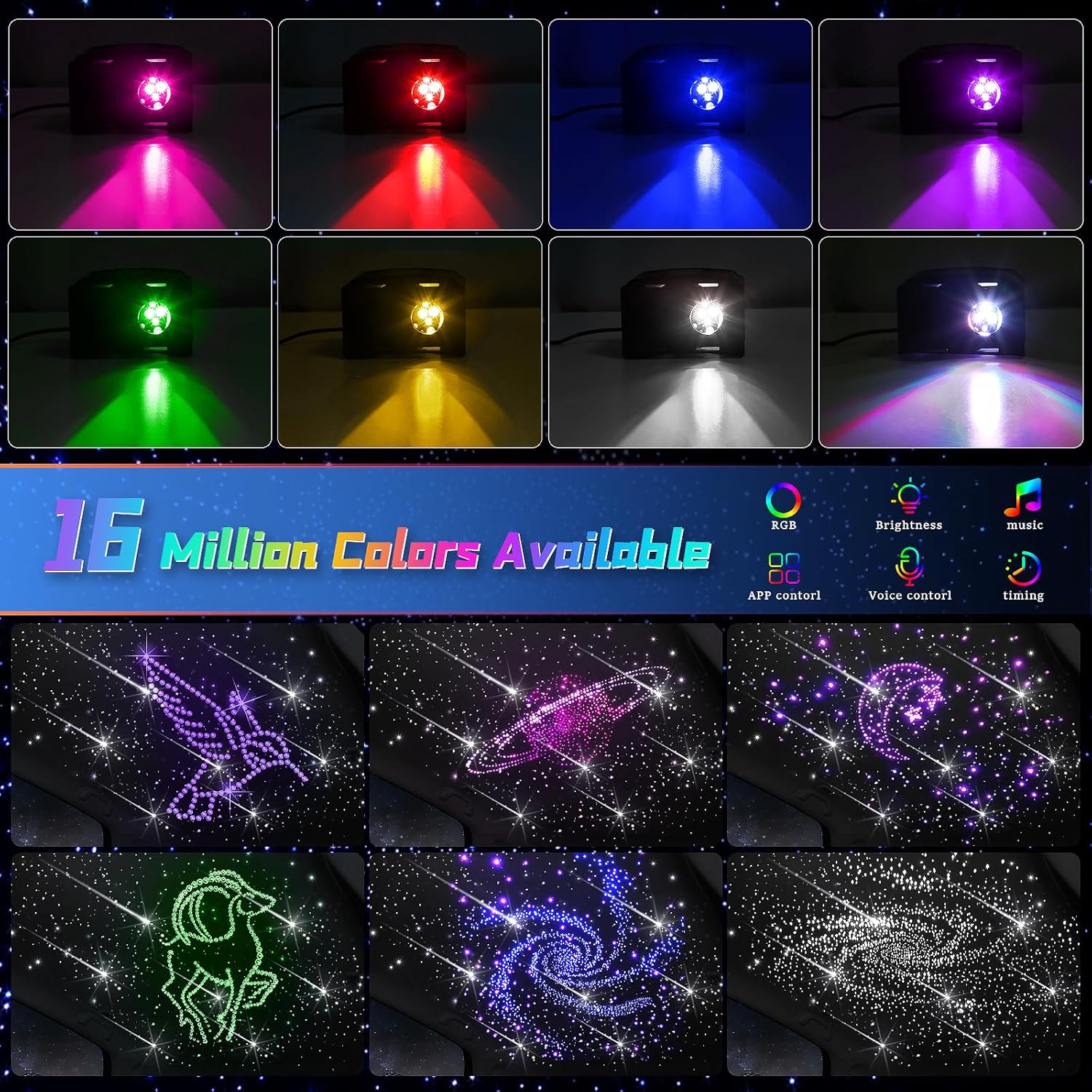 Car Starlight Headliner Kit, 16W Twinkle & Meteor Star Ceiling Lights, 2 in 1 Fiber Optic Light Engine 500pcs*0.02in*9.8ft+240 RGBW Shooting Stars Lights for Car Home Roof Décor