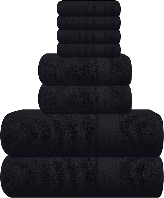 GLAMBURG Ultra Doucement 8-Piece Ensemble de serviettes - 100% Contient du coton pur à fil de fer, 2 Serviettes de bain surdimensionnées 27x54, 2 Serviettes à main 16x28, 4 Laver les vêtements 13x13 - Idéal pour une utilisation quotidienne, Hôtel & Spa - noir