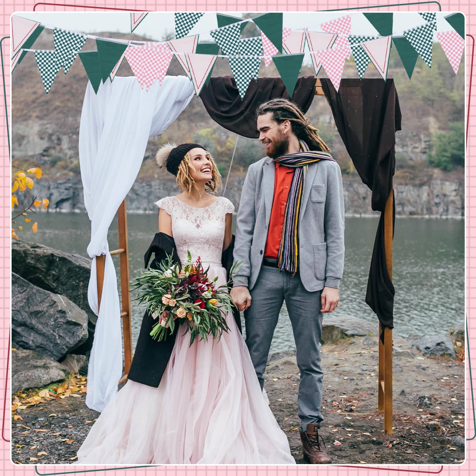 VitalCozy 9,8 m lange Wimpelkette für Hochzeit, Camp Braut, dreieckig, kariert, Gingham-Flagge, Wimpelkette, Stoffgirlande, vorbespannt, für Junggesellinnenabschied, Dekoration für Brautparty,