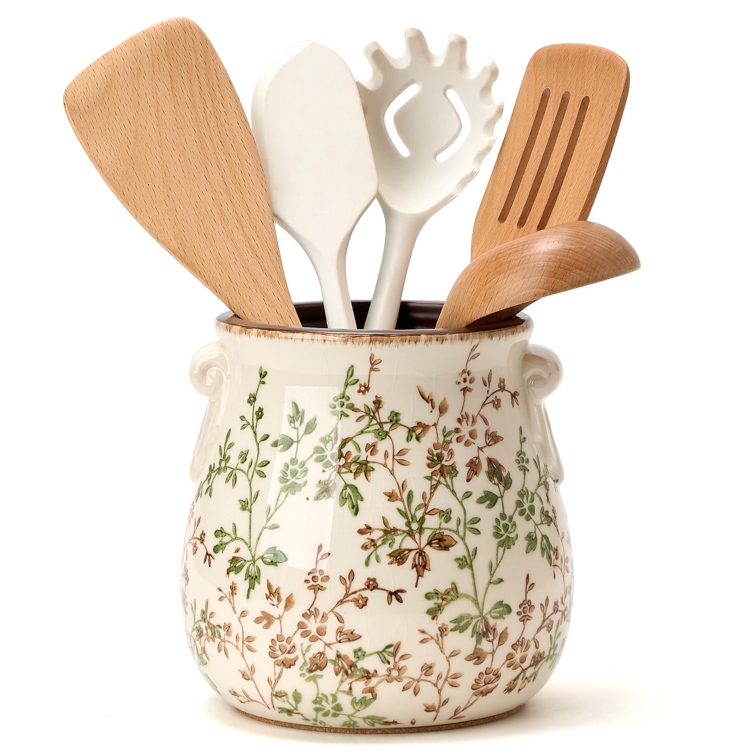 Porte-ustensiles pour comptoir de cuisine, support d'ustensiles de cuisine rustique moderne et rustique, organisateur d'ustensiles de cuisine exquis en chinoiserie en céramique pour décoration