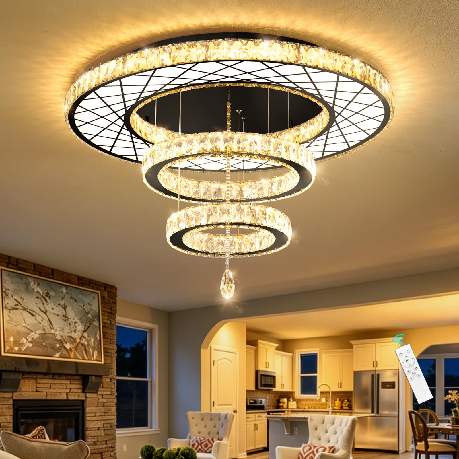 HAIXIANG Crystal Glam Chandelier LED Ceiling Light Living Room