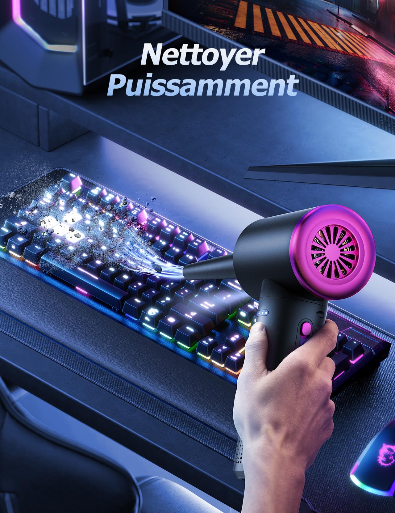 Souffleur Air Comprimé 100000 TR/Min Batterie 9000mAh Kit Nettoyage Clavier Aspirateur 3 Vitesses Lumière LED PC