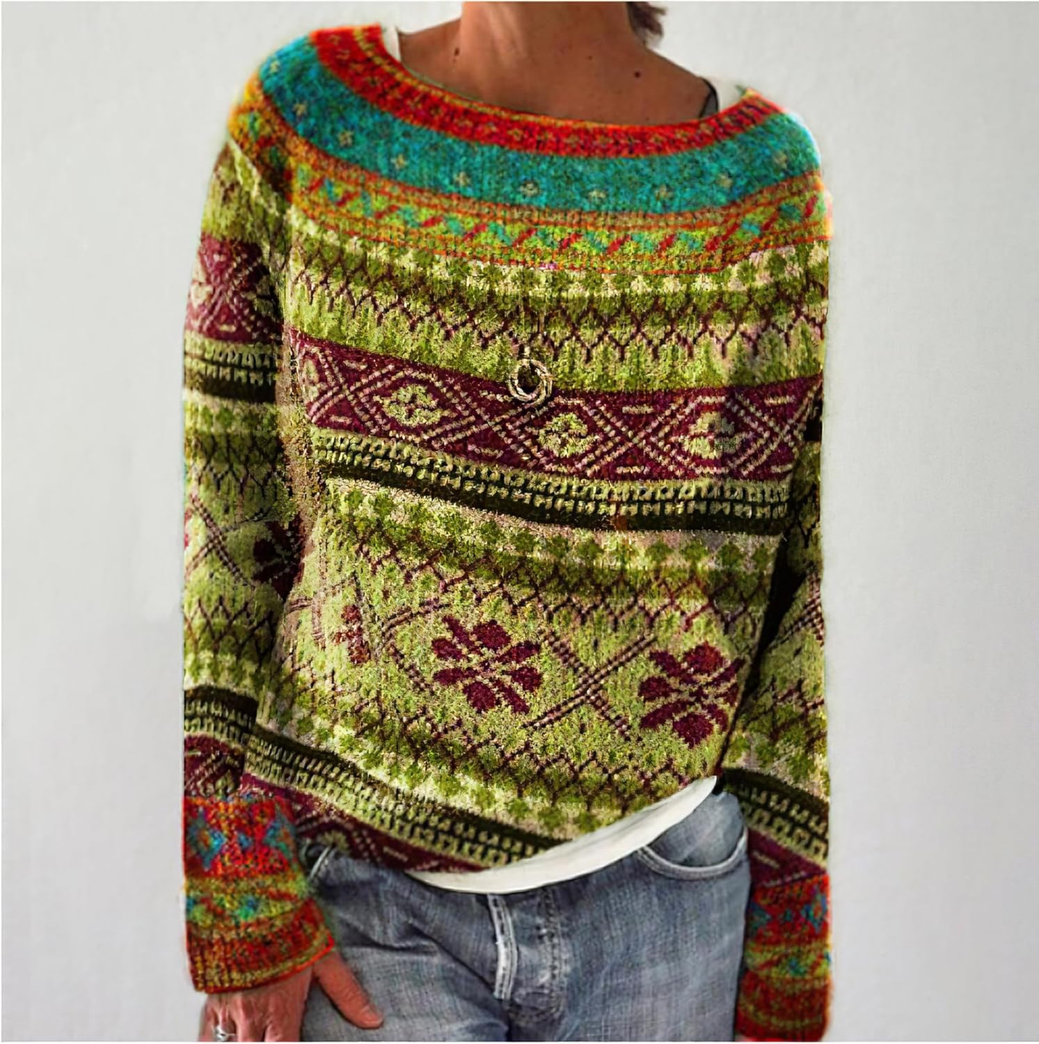 Women's Knitted Fair Isle Print Retro Sweater Casual Loose Crewneck Long Sleeve Lightweight Cropped Pullover Tops 2025 - Image 2