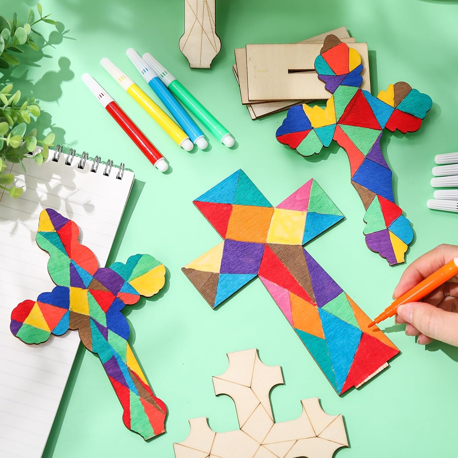 Bucherry 60 Pack Color Your Own Cross Kit Wood Christian Religious DIY Coloring Craft Kit Table Centerpiece with Watercolor Pen for Sunday School Classroom Church Art Project