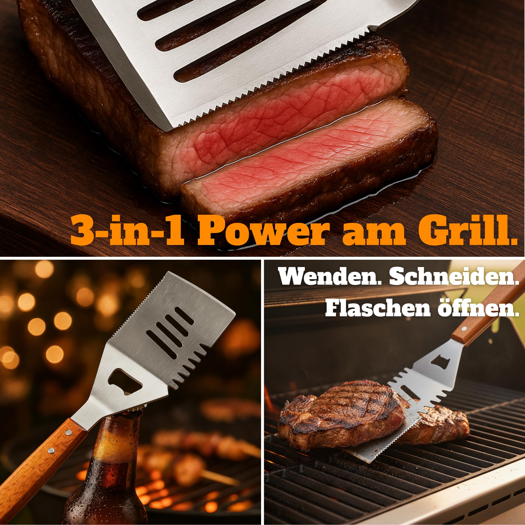 Juego de barbacoa para hombre, regalo – Juego de cubiertos para barbacoa de acero inoxidable – espátula 3 en 1 y cepillo de limpieza – Ideal Grill Set hombres regalo barbacoa regalos para hombres (sin
