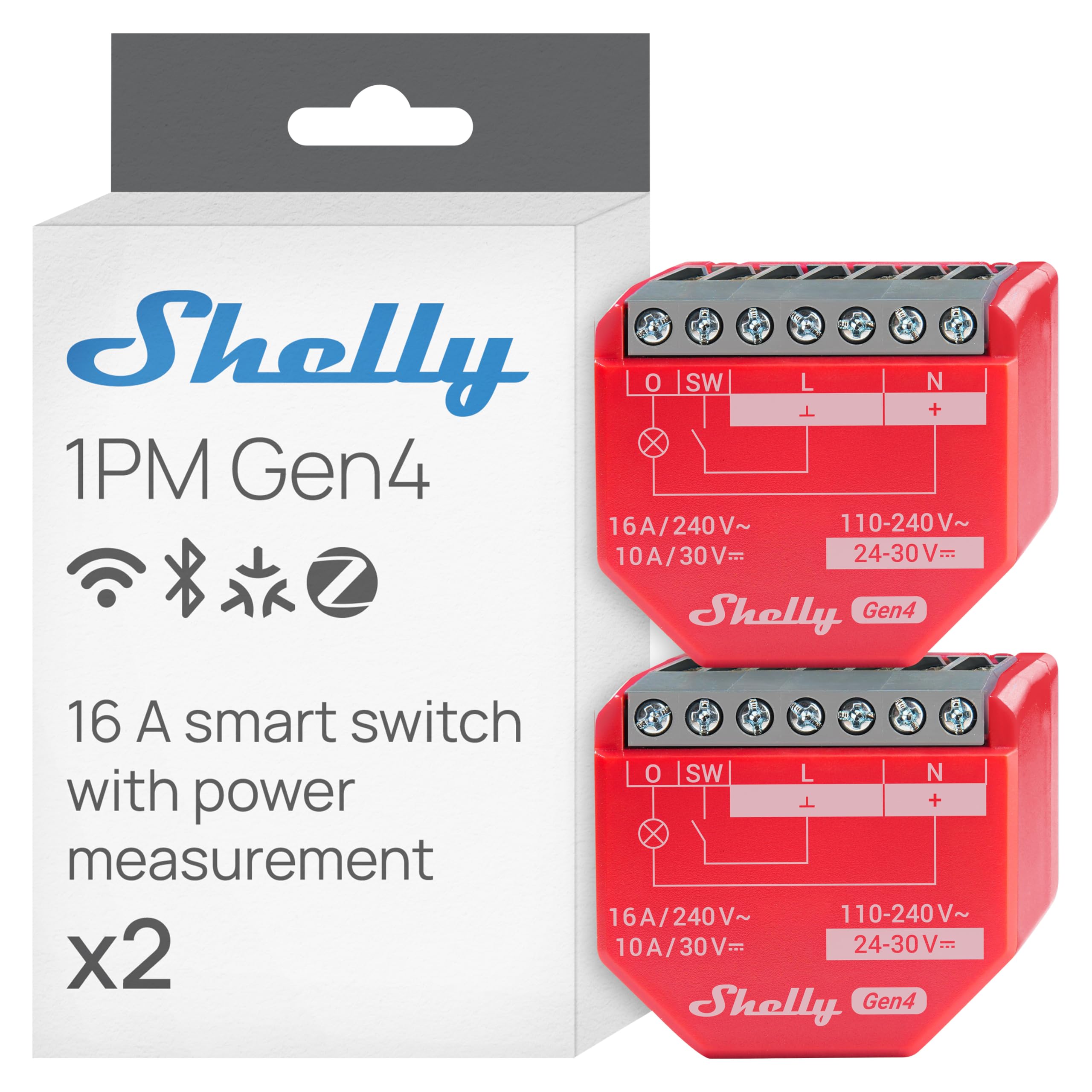 Shelly Shelly 1PM Gen4 - WLAN Smart Relais Schalter, Strommessung, Stromzähler, 1 Kanal, 16A, Lichtschalter, Heizung, Smart Home, Zeitschaltuhr, Alexa & Google, Matter, Kein Hub Erforderlich (2 Stück)