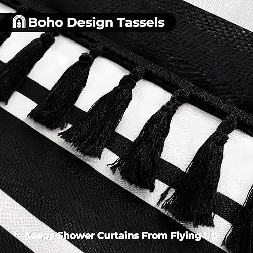 Miniatura 6 de Seasonwood Cortina de ducha en blanco y negro, cortina de ducha a rayas de 78 pulgadas para juegos de baño con borlas, cortinas de ducha extralargas