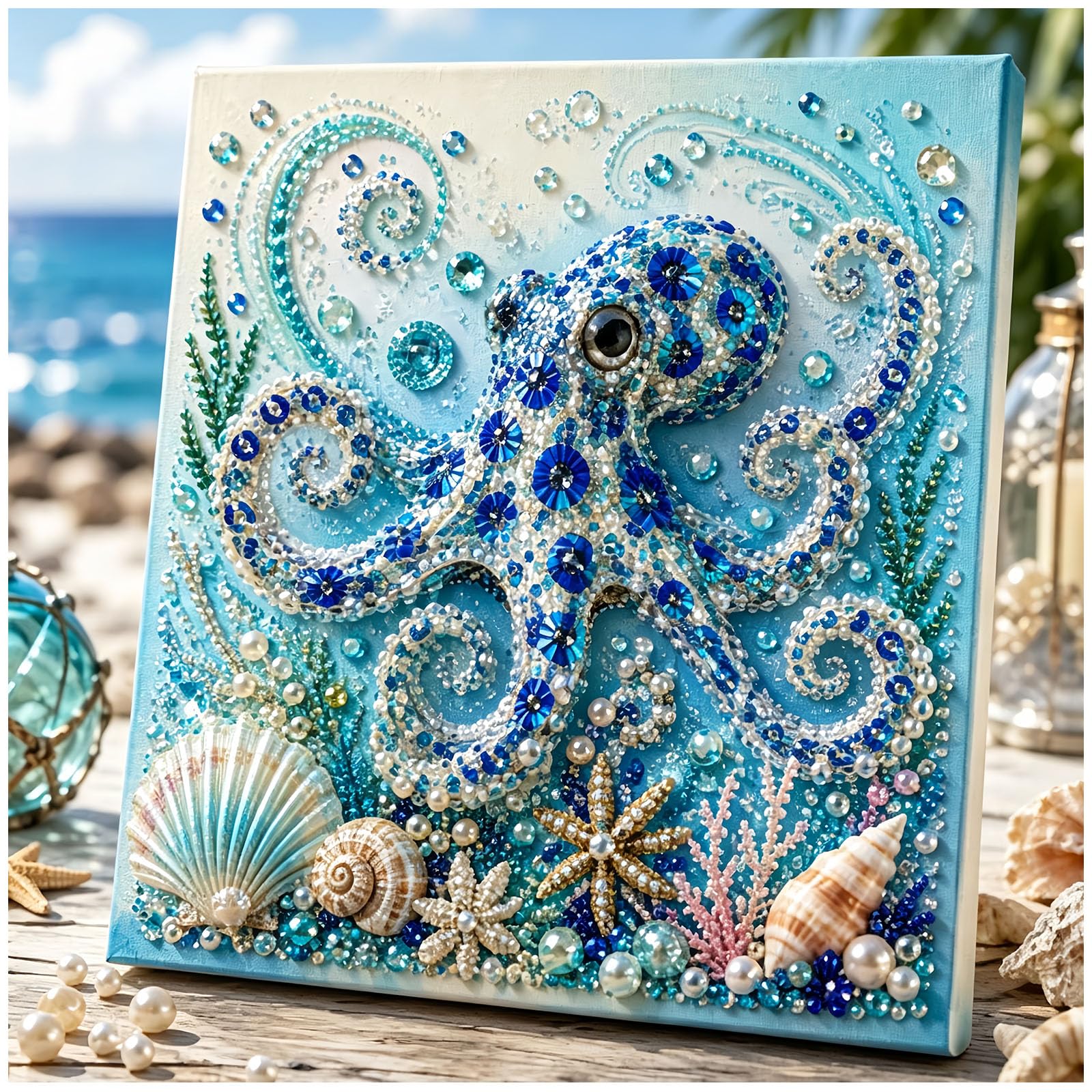 Jeeeun Ocean Theme Pearl Art DIY Kit, 3D Ocean Animal Pearl Art Craft with Pearls & Rhinestones, Sparkling Coastal Wall Decor for Adults & Beginners (Octopus)