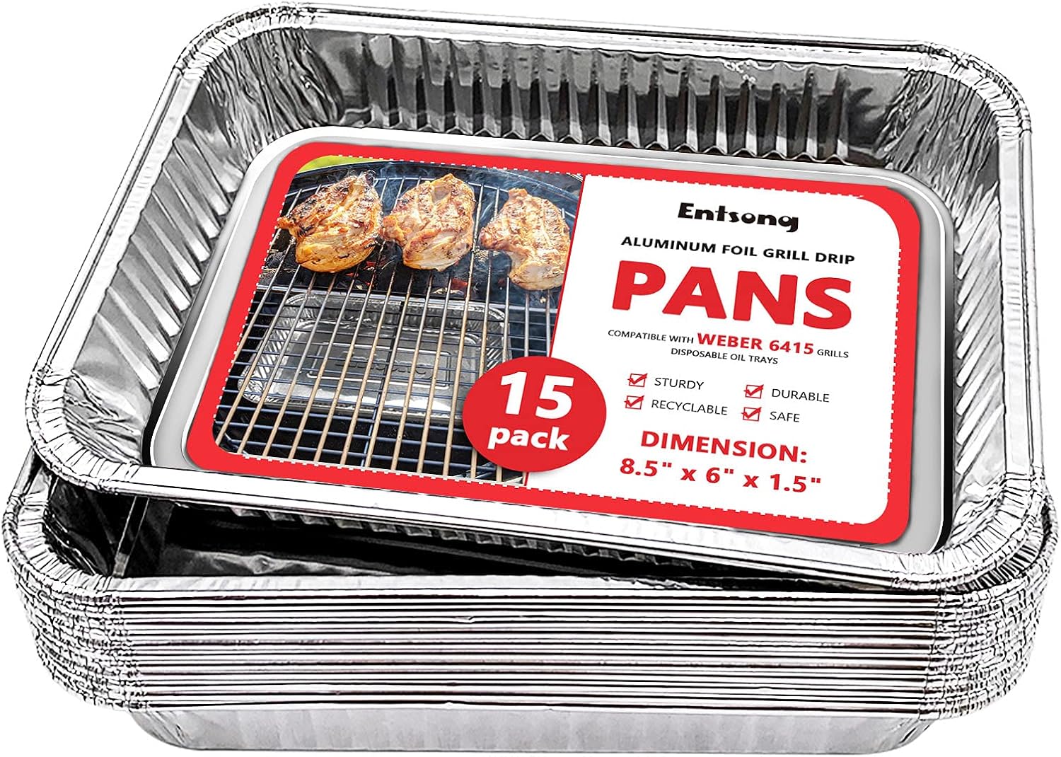 Entsong 15 Pack Aluminum Foil Grill Drip Pans, Compatible with Weber Grills, Smoker Grease Pan Liners, Disposable Oil Trays 8.5" x 6" : Patio, Lawn & Garden