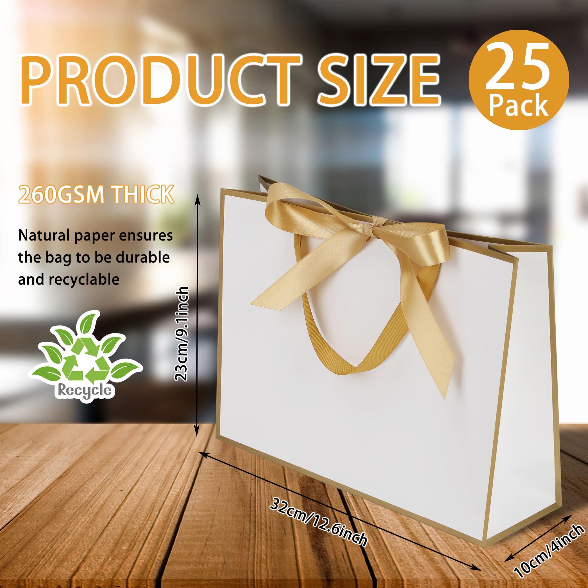 STOBOCTER Papierowe torby na prezenty z uchwytami, 30 x 10 x 22 cm, z wstążką z kokardką, na ślub, dla druhny, drużby, ukończenia szkoły, parapetówki, przyjęcie urodzinowe, białe, złote, 25 szt