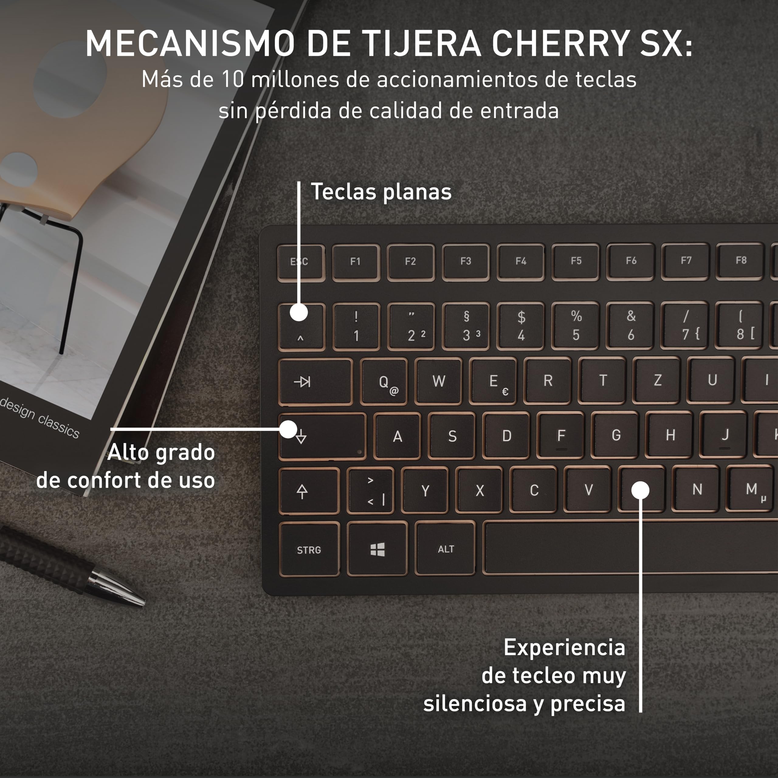 Cherry DW 9100 Slim, Pack de Teclado y Ratón Inalámbricos, Distribución de Teclado Español (QWERTY), Bluetooth y Radiofrecuencia de 2,4 GHz, Teclas Silenciosas, Recargable, Negro/Bronce