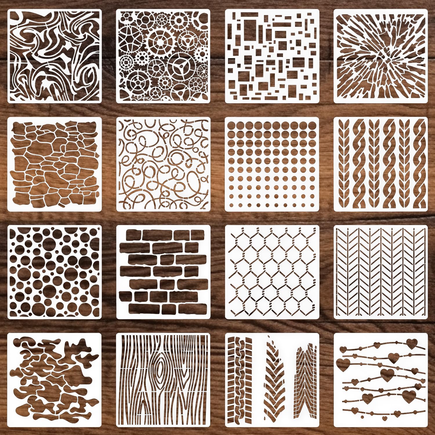 Texture Stencils, 16 Pcs Stencils for Crafts Reusable Natural Wood Templates for Painting DIY Art Crafts Scrapbook Wall Cake Canvas Décor (15.2x15.2cm)