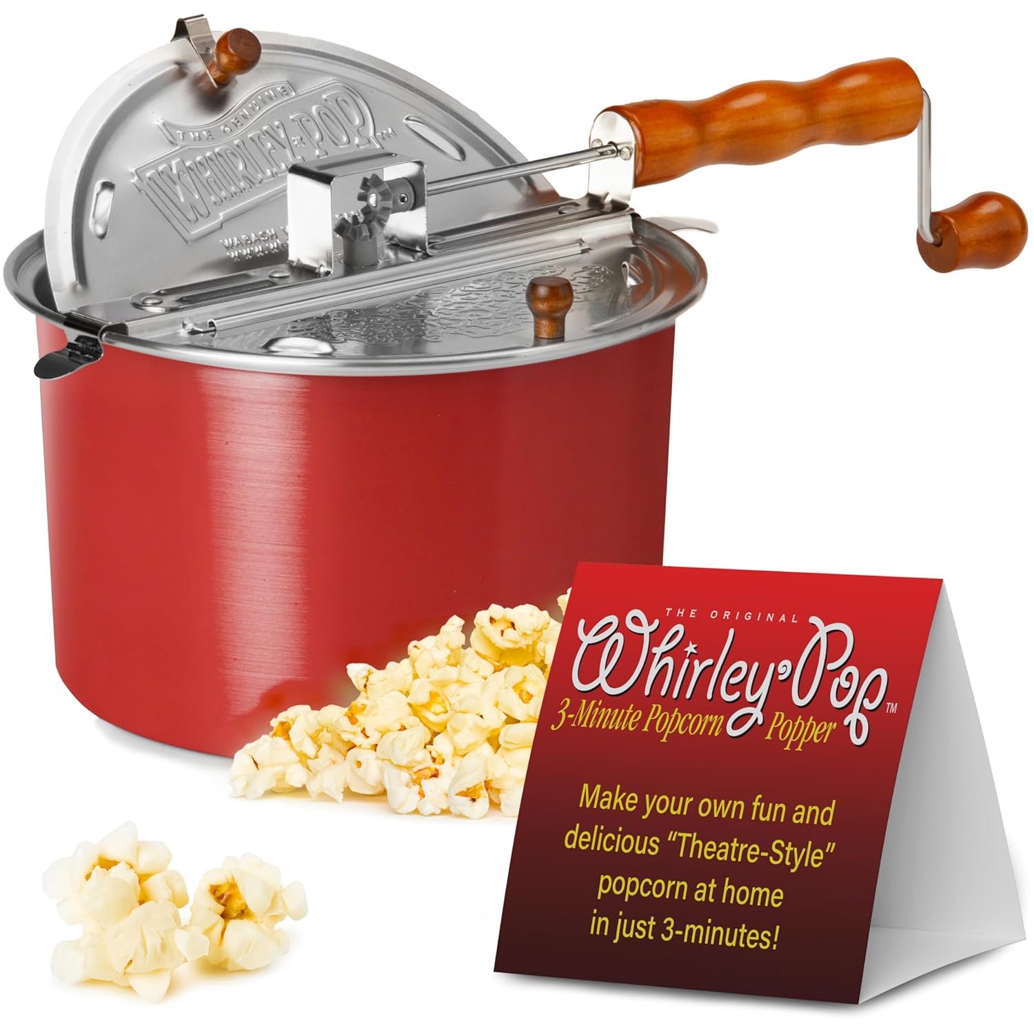 Original Whirley Pop Popcorn Maker - 6 Quart Culinary Popcorn Popper With One All-Inclusive Popping Kit, Aluminum Popcorn Pot With Nylon Gears, Wabash Valley Farms Popcorn Maker (Red)